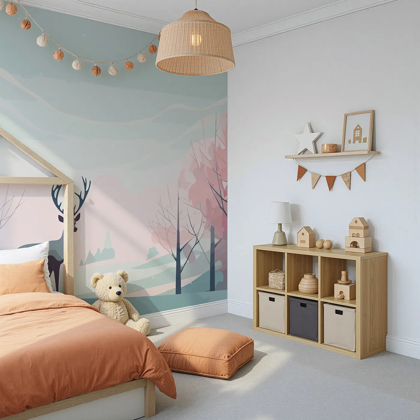 Angled view of Whimsy Tots' Pink Winter Forest Wall Mural (Turn Their Room into a Magical, Rose-Colored Wonderland).Gender-Neutral
