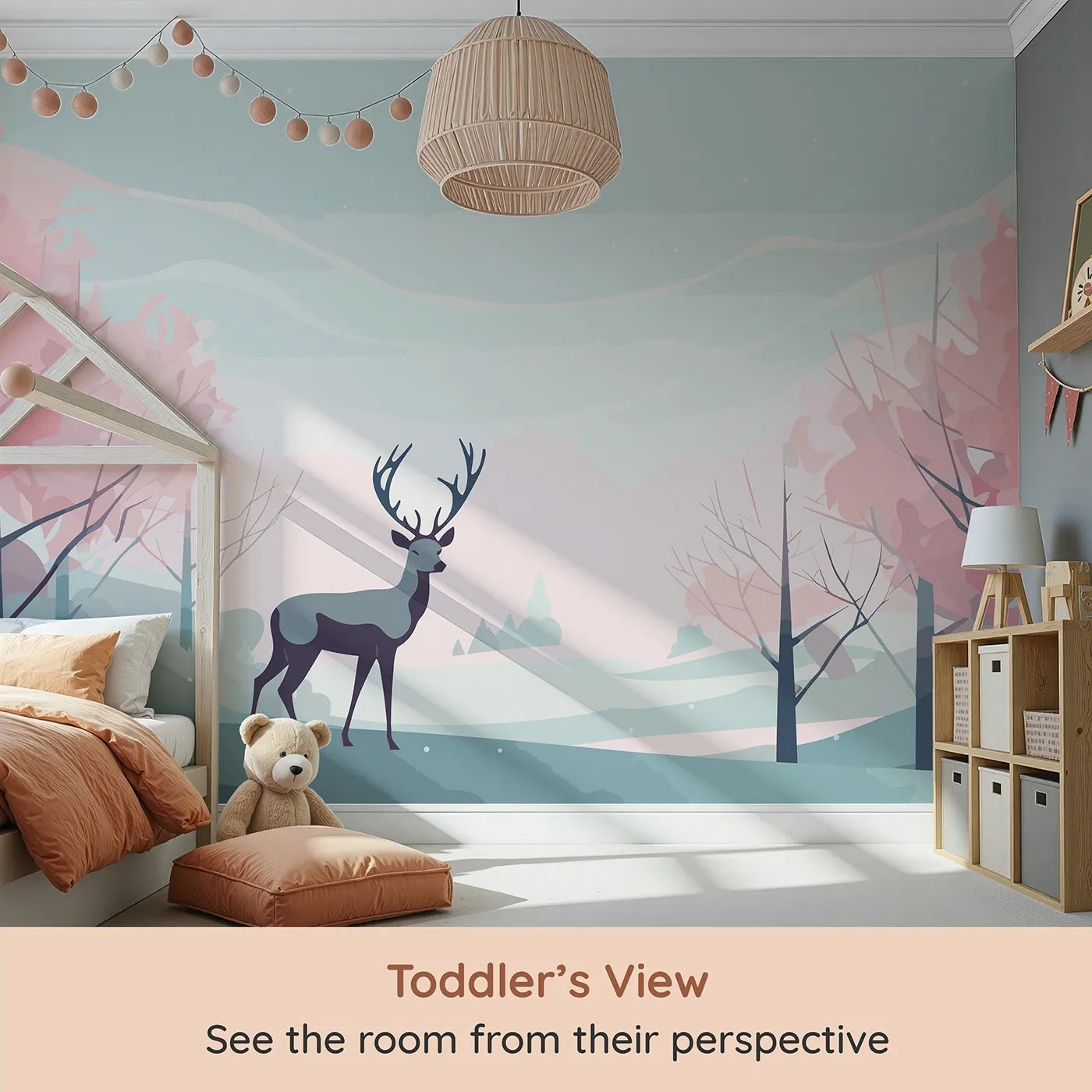 Whimsy Tots Pink Winter Forest Wall Mural (Turn Their Room into a Magical, Rose-Colored Wonderland) from your child's view.Gender-Neutral