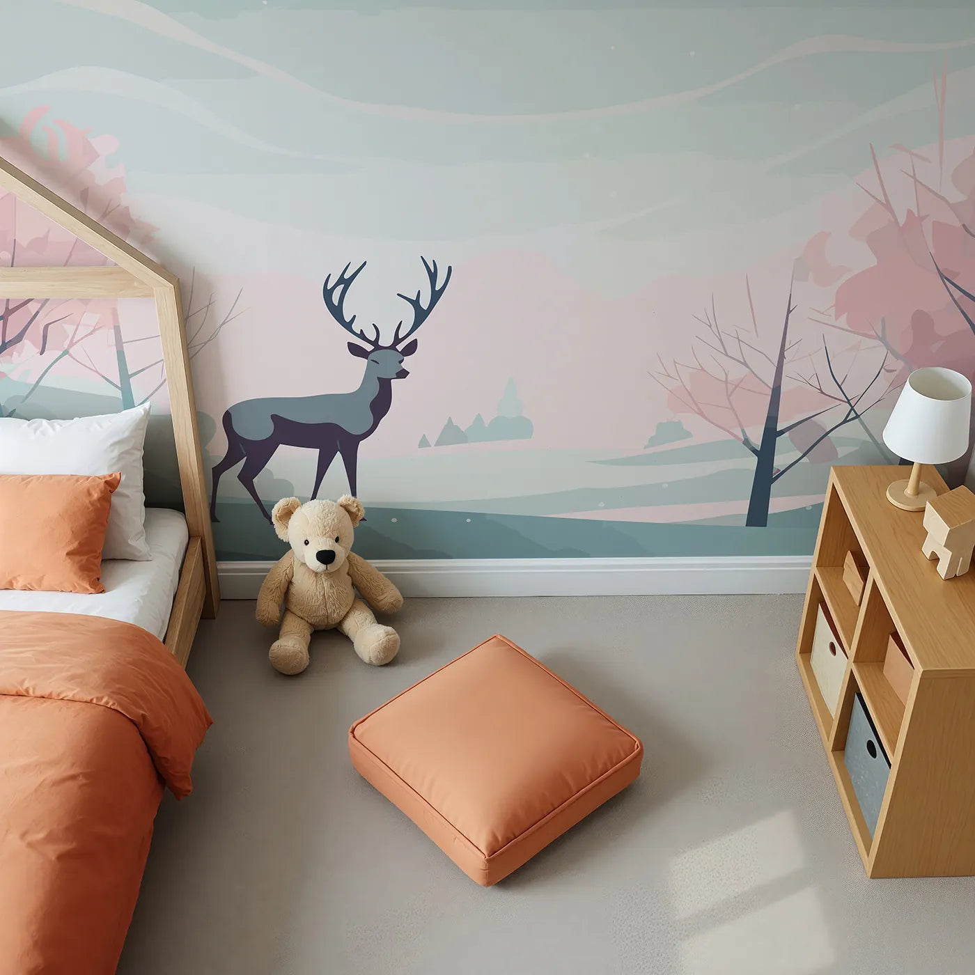 Top-down view of Whimsy Tots' Pink Winter Forest Wall Mural (Turn Their Room into a Magical, Rose-Colored Wonderland).Gender-Neutral