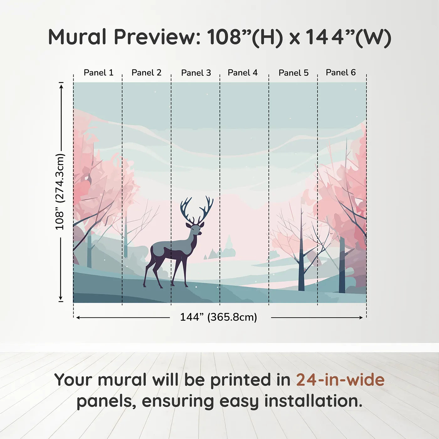 Whimsy Tots Pink Winter Forest Wall Muraldimension view (108" H x 144" W). Printed in six 24-inch-wide panels. Gender-Neutral