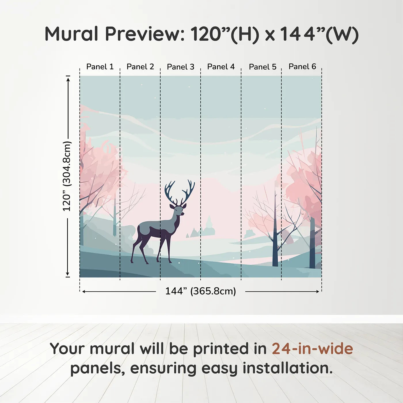 Whimsy Tots Pink Winter Forest Wall Muraldimension view (120" H x 144" W). Printed in six 24-inch-wide panels. Gender-Neutral