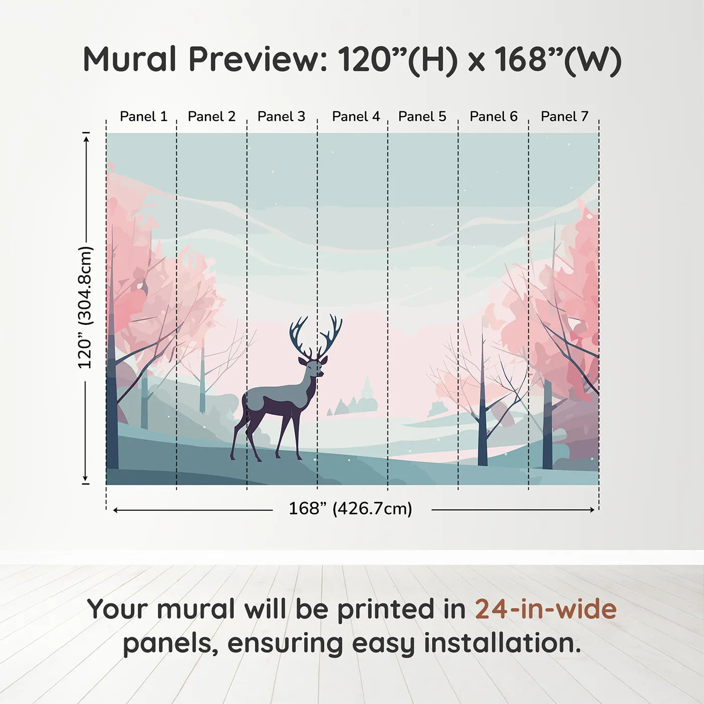 Whimsy Tots Pink Winter Forest Wall Muraldimension view (120" H x 168" W). Printed in seven 24-inch-wide panels. Gender-Neutral
