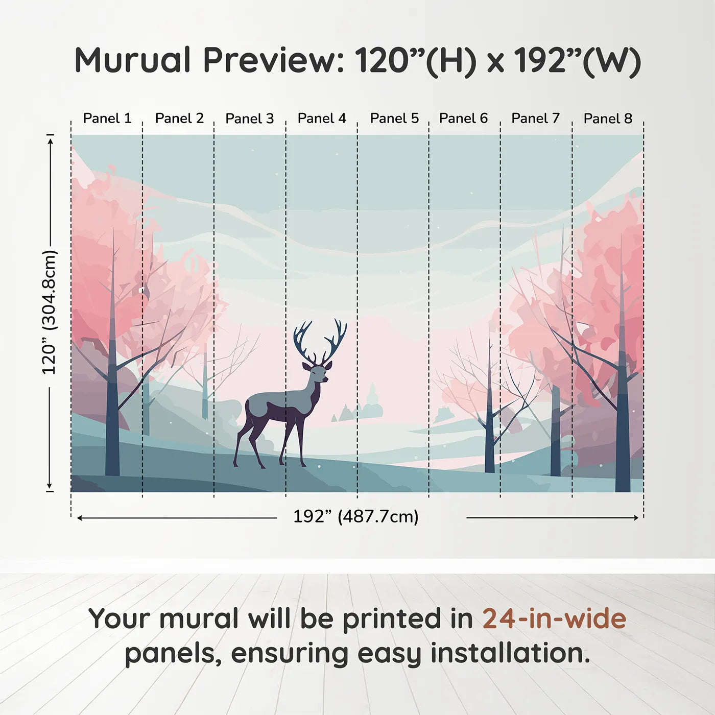 Whimsy Tots Pink Winter Forest Wall Muraldimension view (120" H x 192" W). Printed in eight 24-inch-wide panels. Gender-Neutral