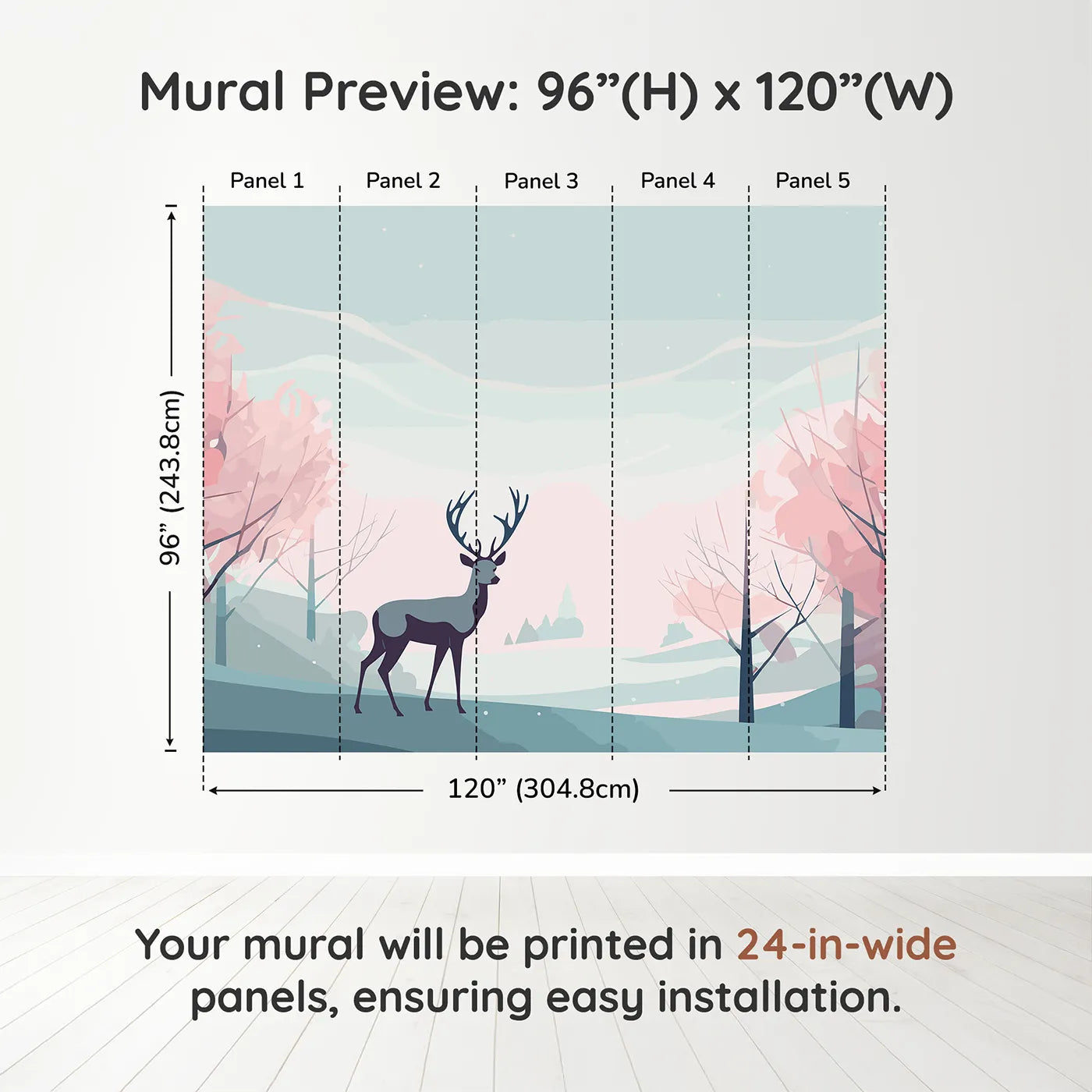Whimsy Tots Pink Winter Forest Wall Muraldimension view (96" H x 120" W). Printed in five 24-inch-wide panels. Gender-Neutral