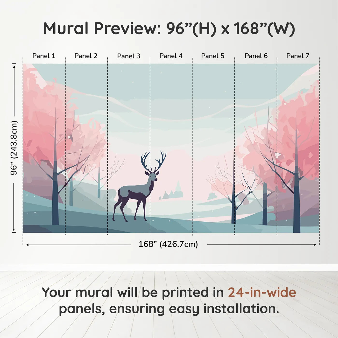 Whimsy Tots Pink Winter Forest Wall Muraldimension view (96" H x 168" W). Printed in seven 24-inch-wide panels. Gender-Neutral