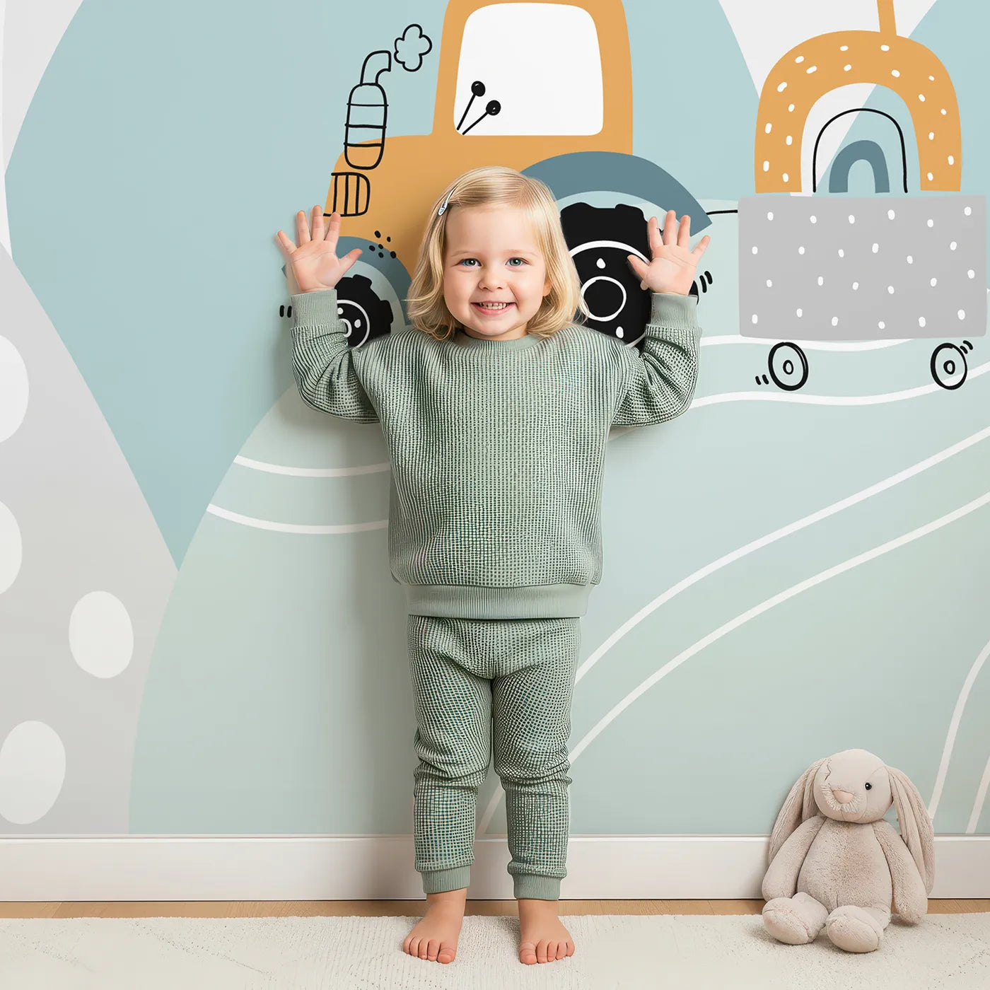 Child in front of Whimsy Tots Rainbow Truck Hills Wall Mural with truck, tractor, rainbow, cute, doodle, car, construction, hill in design.