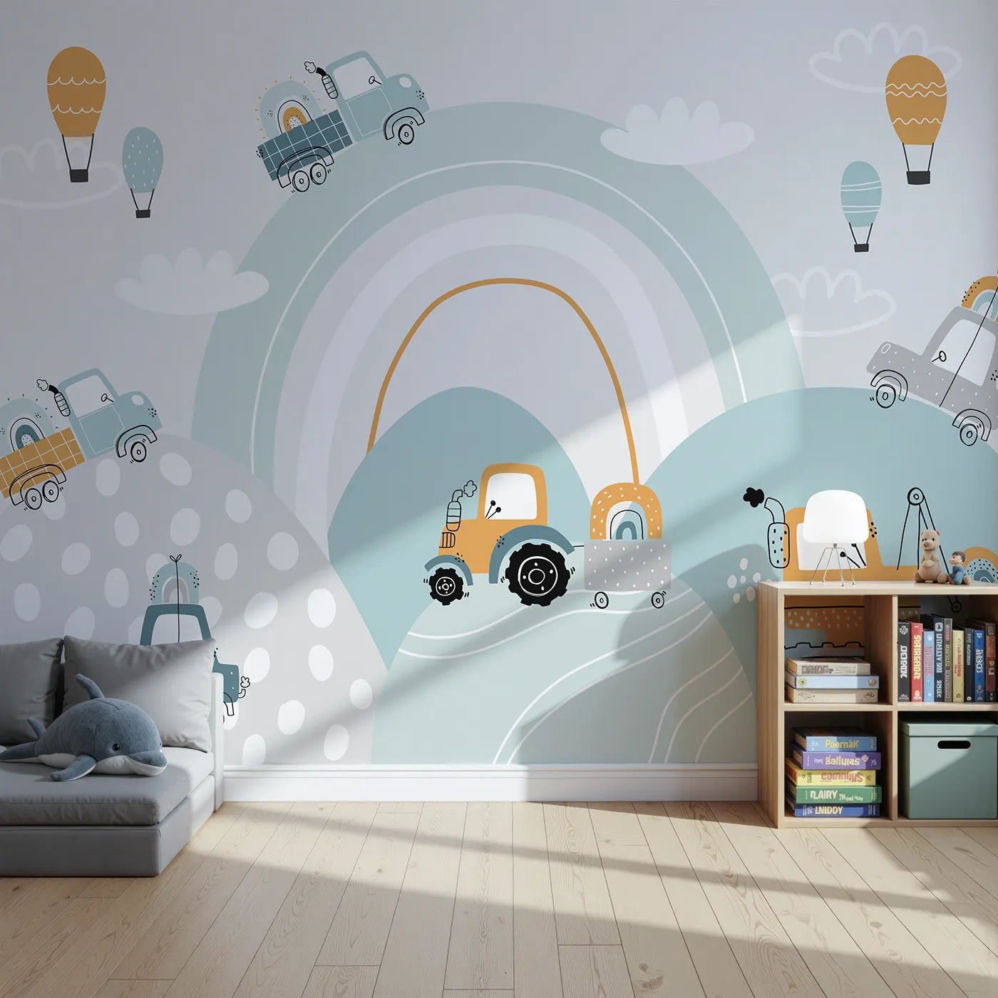Front view of Whimsy Tots' Rainbow Truck Hills Wall Mural