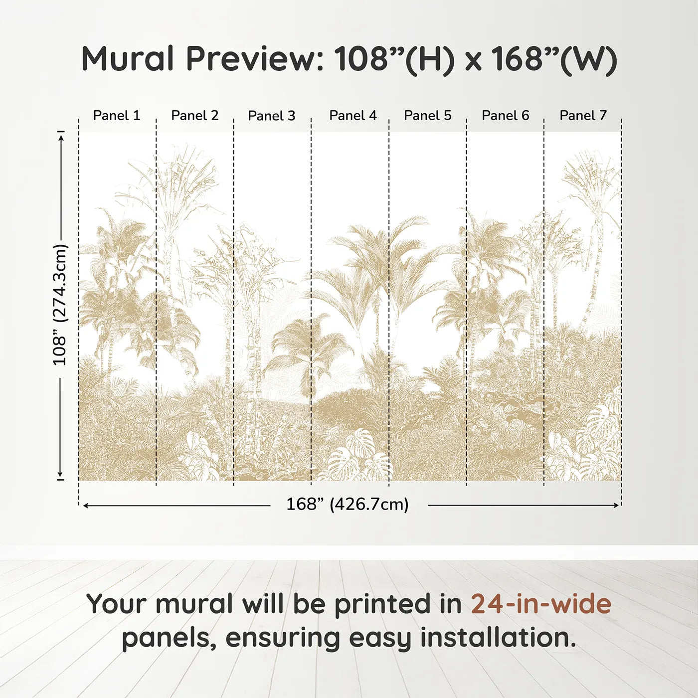 Whimsy Tots Golden Jungle Line Art Wall Muraldimension view (108" H x 168" W). Printed in seven 24-inch-wide panels. Gender-Neutral