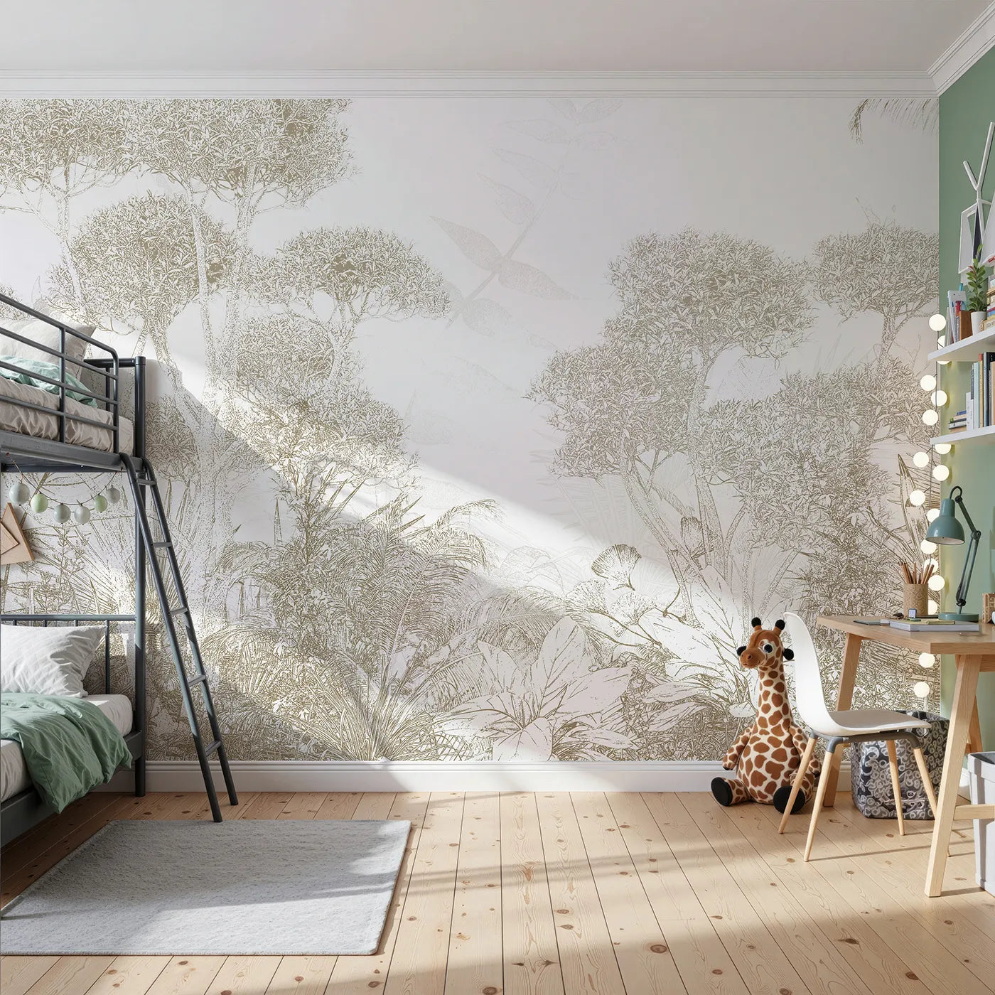 Front view of Whimsy Tots' Golden Botanical Line Art Wall Mural