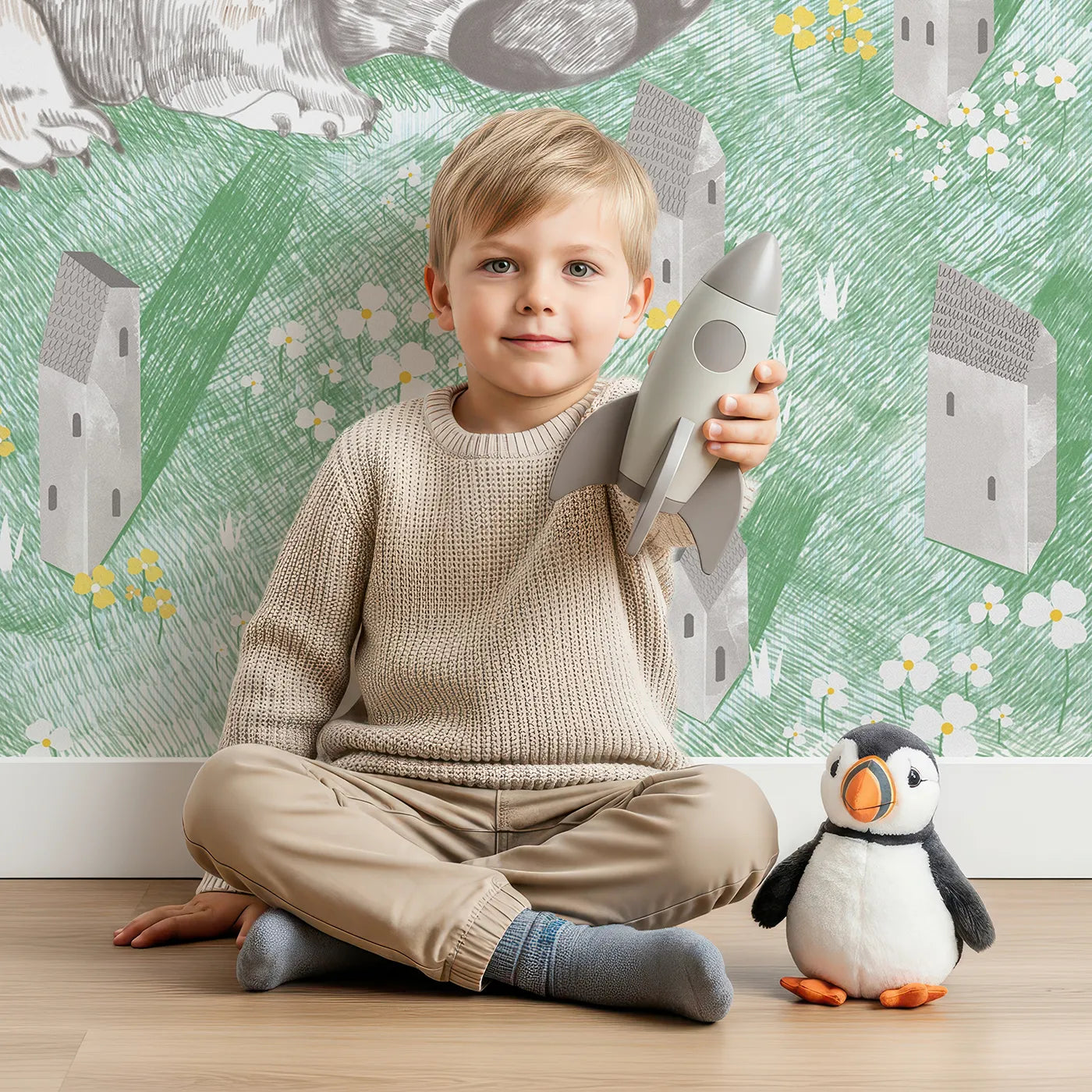 Child in front of Whimsy Tots Giant Bear and Kites Wall Mural with bear, giant, village, kite, drawing, sketch, whimsical, cute in design.