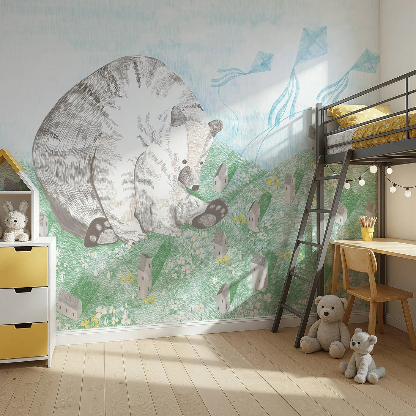 Angled view of Whimsy Tots' Giant Bear and Kites Wall Mural (Turn Their Room into a Whimsical, Gentle Dreamscape).Gender-Neutral