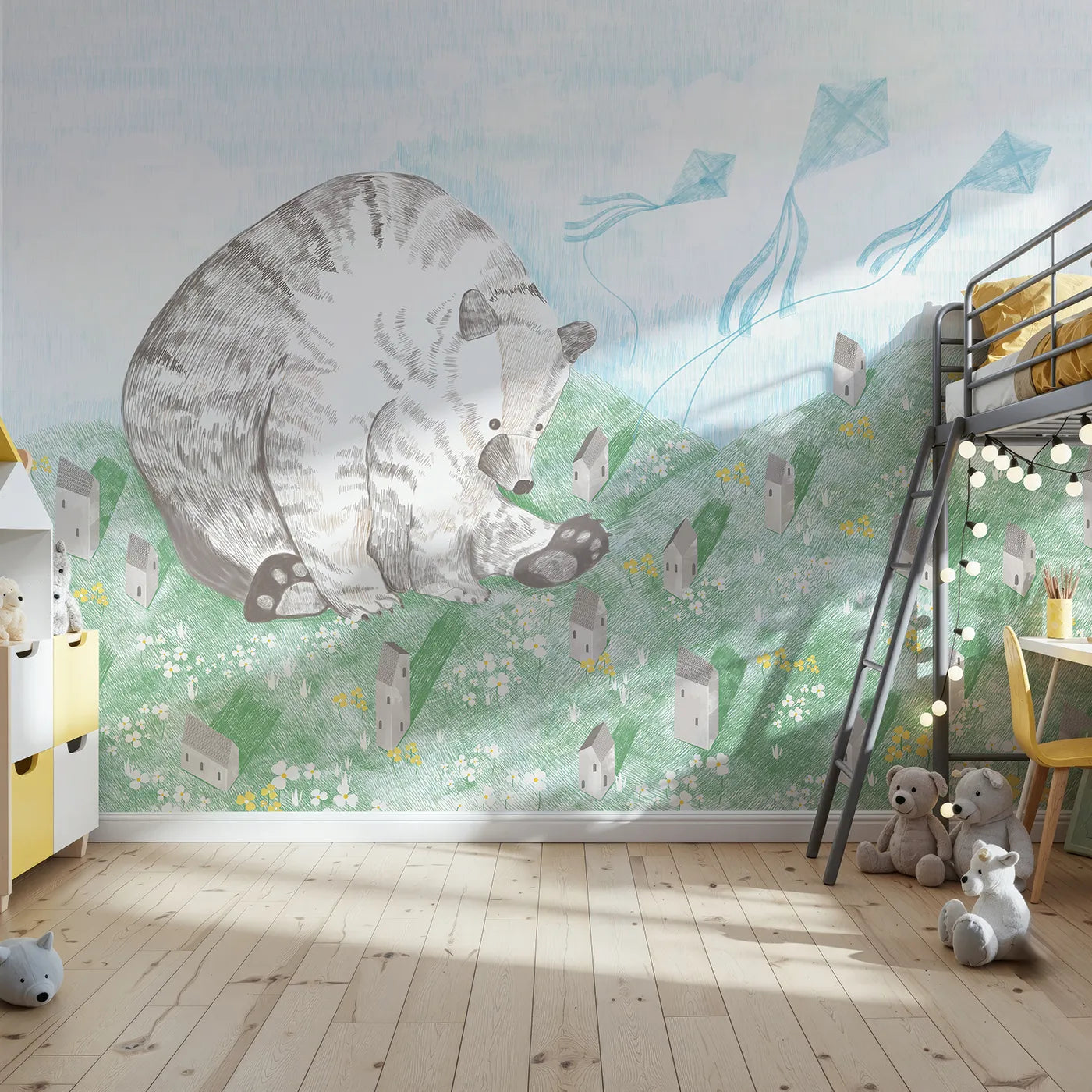 Front view of Whimsy Tots' Giant Bear and Kites Wall Mural