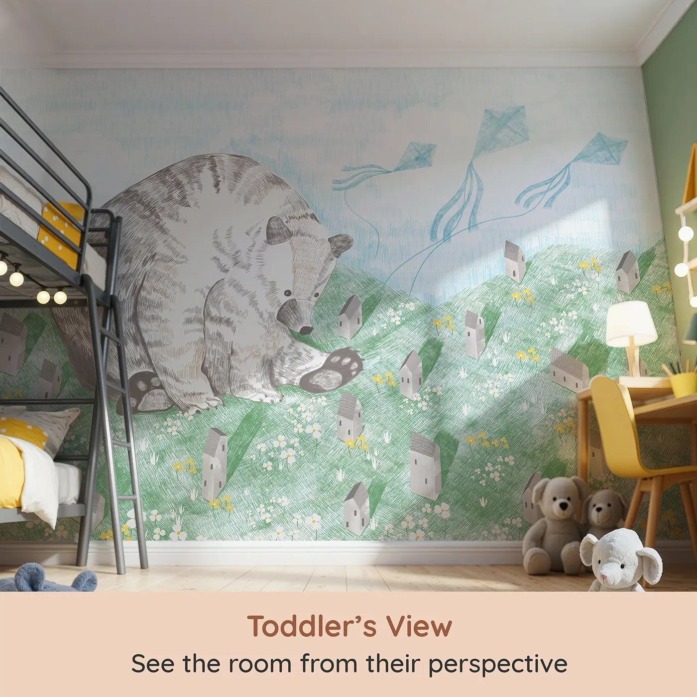 Whimsy Tots Giant Bear and Kites Wall Mural (Turn Their Room into a Whimsical, Gentle Dreamscape) from your child's view.Gender-Neutral