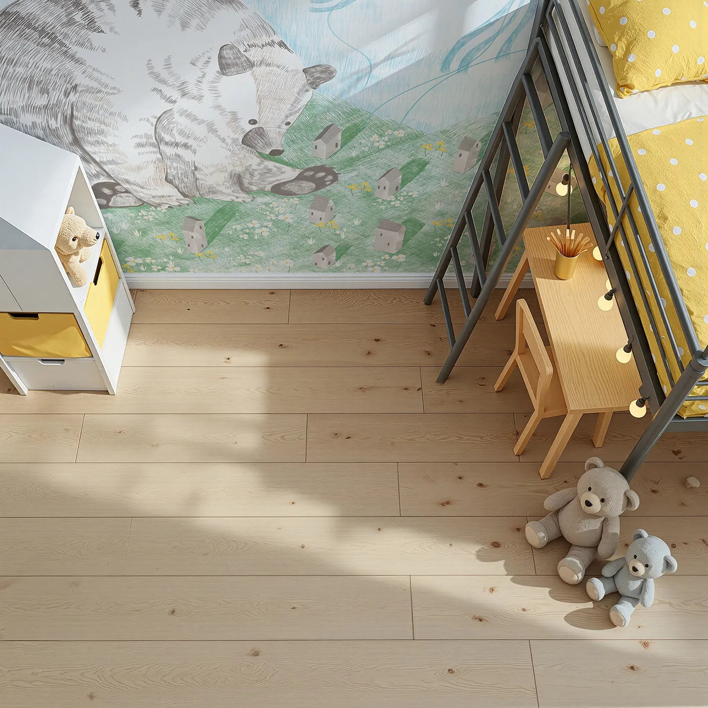 Top-down view of Whimsy Tots' Giant Bear and Kites Wall Mural (Turn Their Room into a Whimsical, Gentle Dreamscape).Gender-Neutral