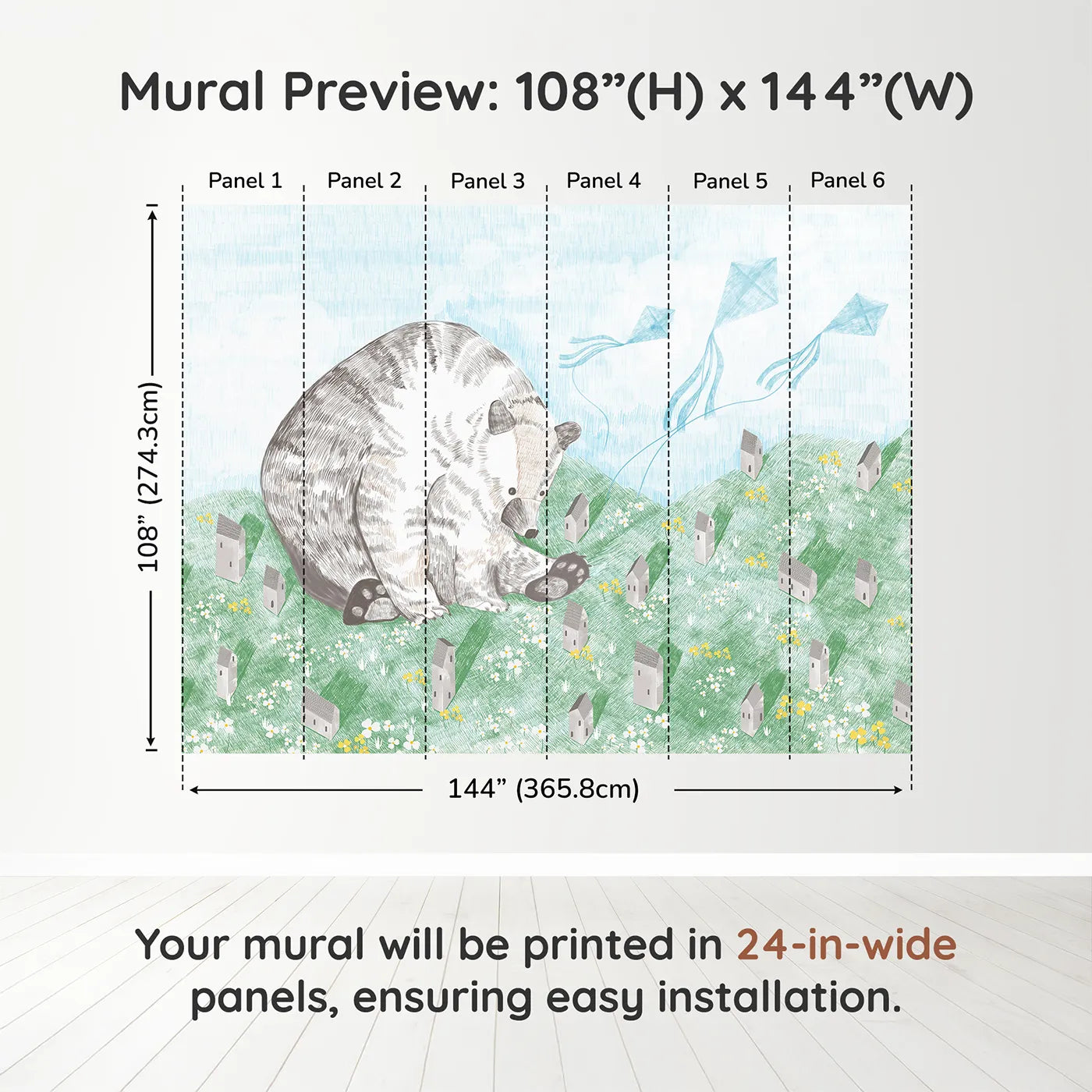 Whimsy Tots Giant Bear and Kites Wall Muraldimension view (108" H x 144" W). Printed in six 24-inch-wide panels. Gender-Neutral
