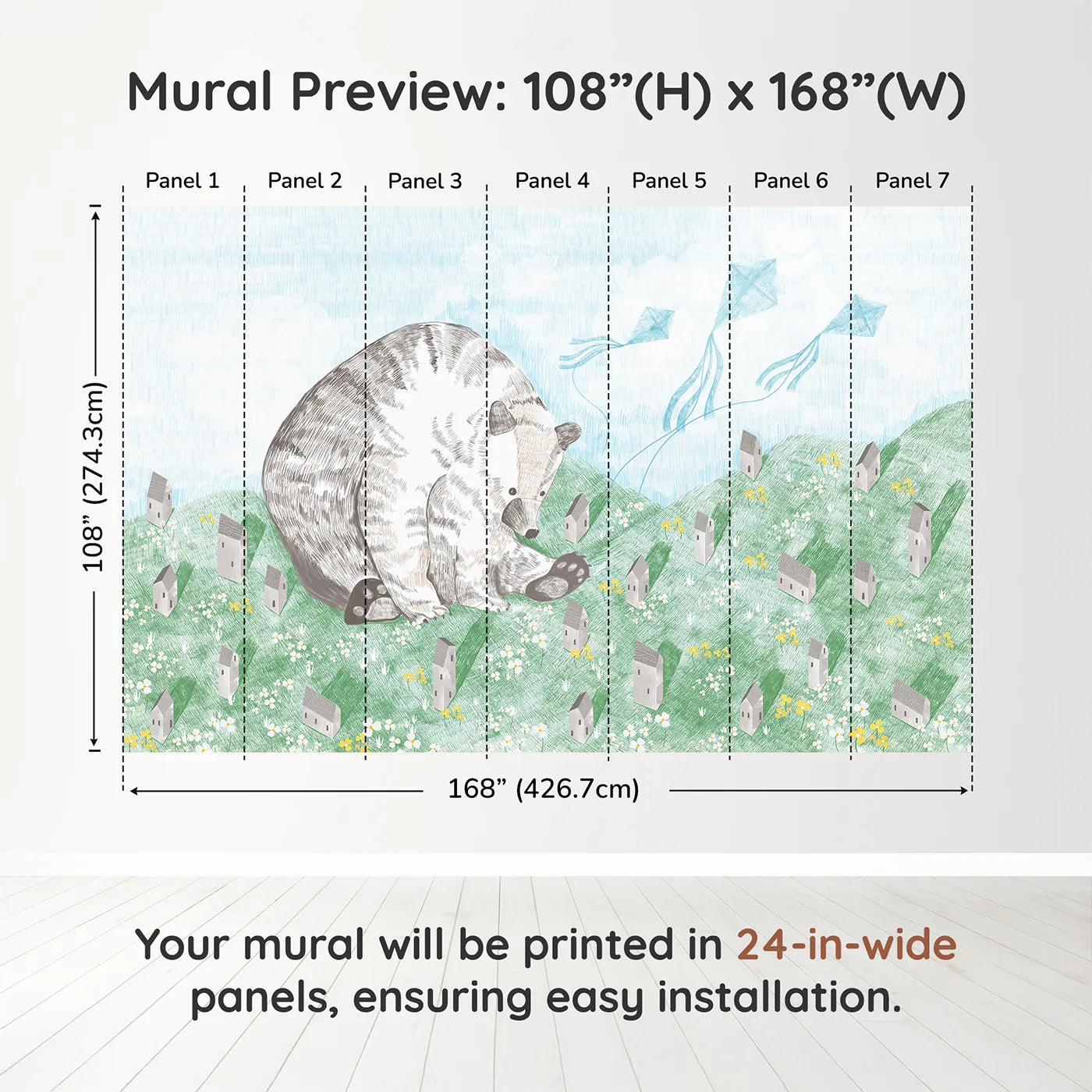 Whimsy Tots Giant Bear and Kites Wall Muraldimension view (108" H x 168" W). Printed in seven 24-inch-wide panels. Gender-Neutral