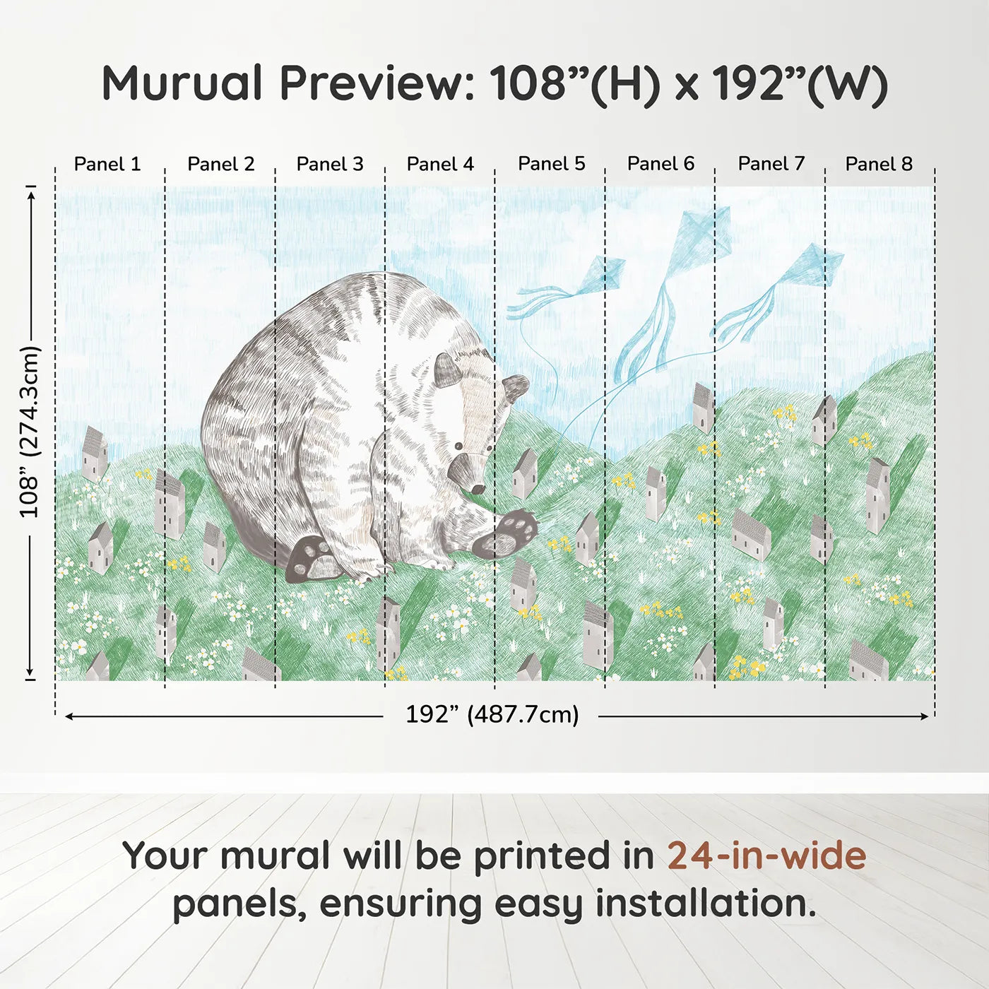 Whimsy Tots Giant Bear and Kites Wall Muraldimension view (108" H x 192" W). Printed in eight 24-inch-wide panels. Gender-Neutral