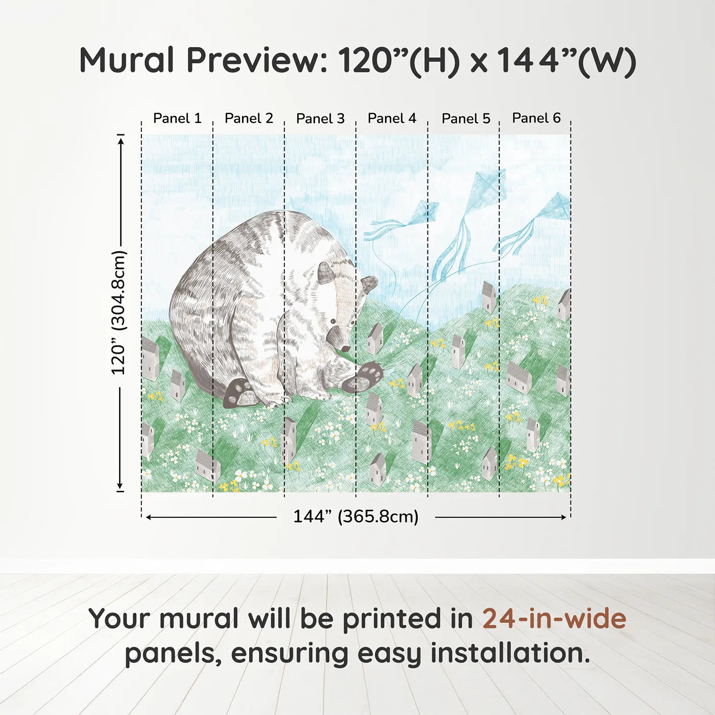 Whimsy Tots Giant Bear and Kites Wall Muraldimension view (120" H x 144" W). Printed in six 24-inch-wide panels. Gender-Neutral