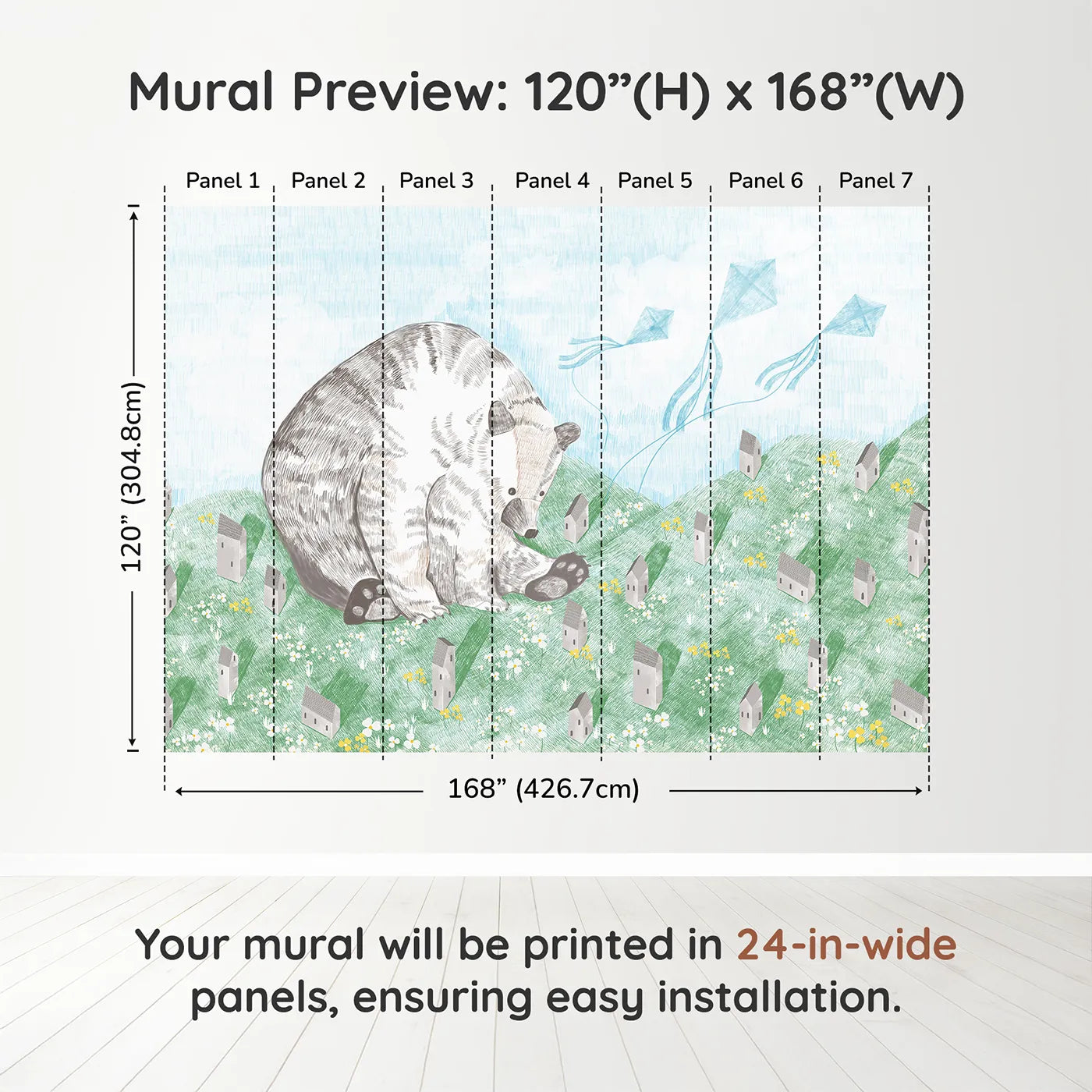 Whimsy Tots Giant Bear and Kites Wall Muraldimension view (120" H x 168" W). Printed in seven 24-inch-wide panels. Gender-Neutral