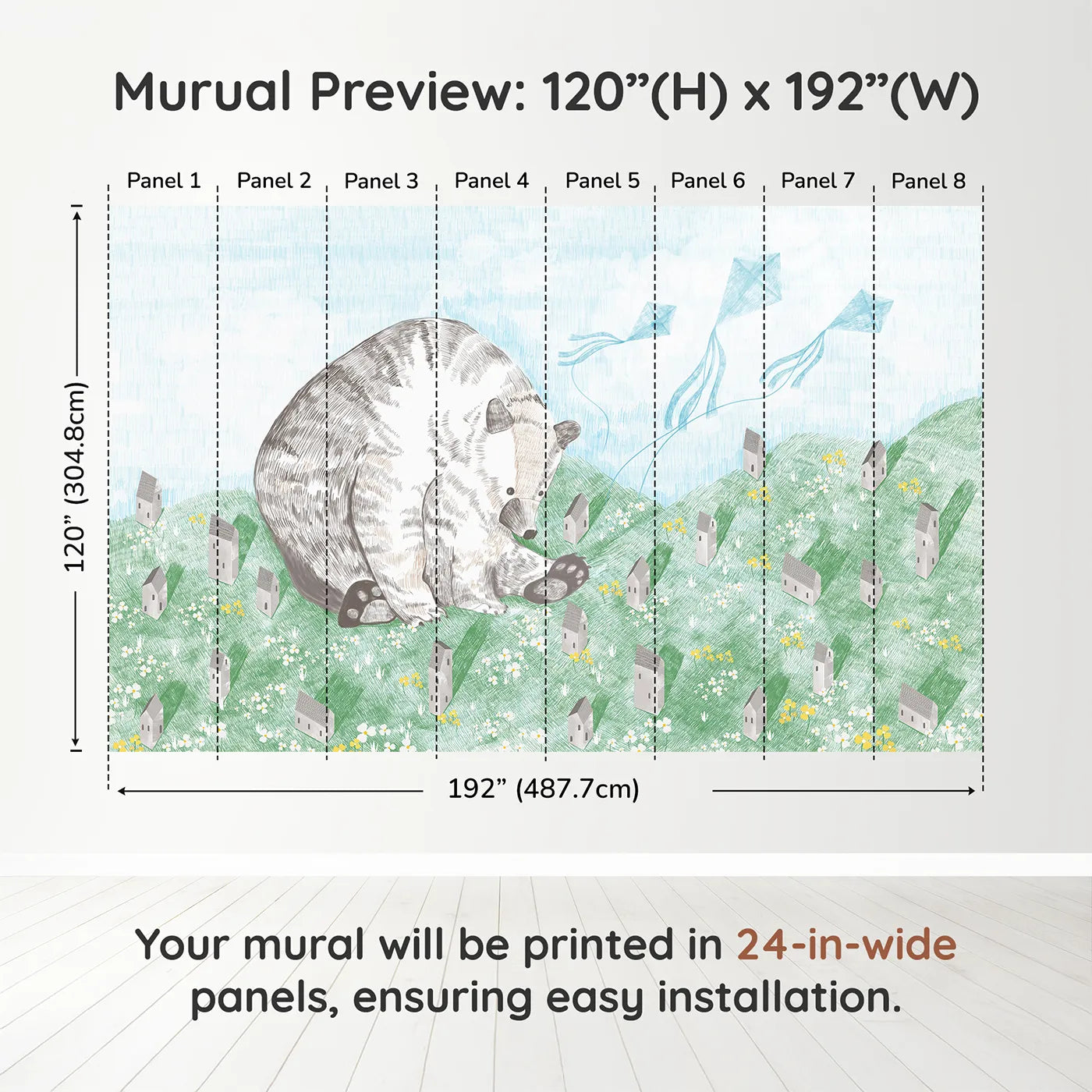 Whimsy Tots Giant Bear and Kites Wall Muraldimension view (120" H x 192" W). Printed in eight 24-inch-wide panels. Gender-Neutral