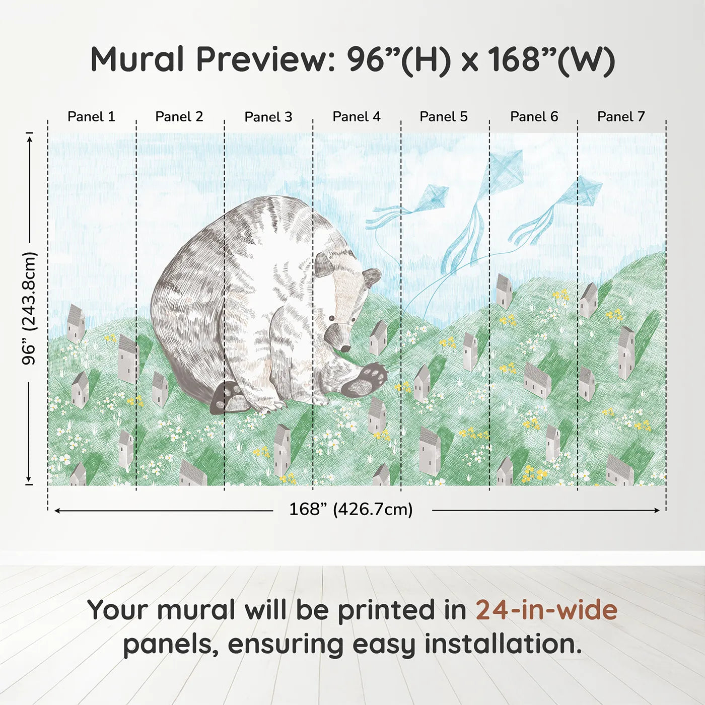 Whimsy Tots Giant Bear and Kites Wall Muraldimension view (96" H x 168" W). Printed in seven 24-inch-wide panels. Gender-Neutral