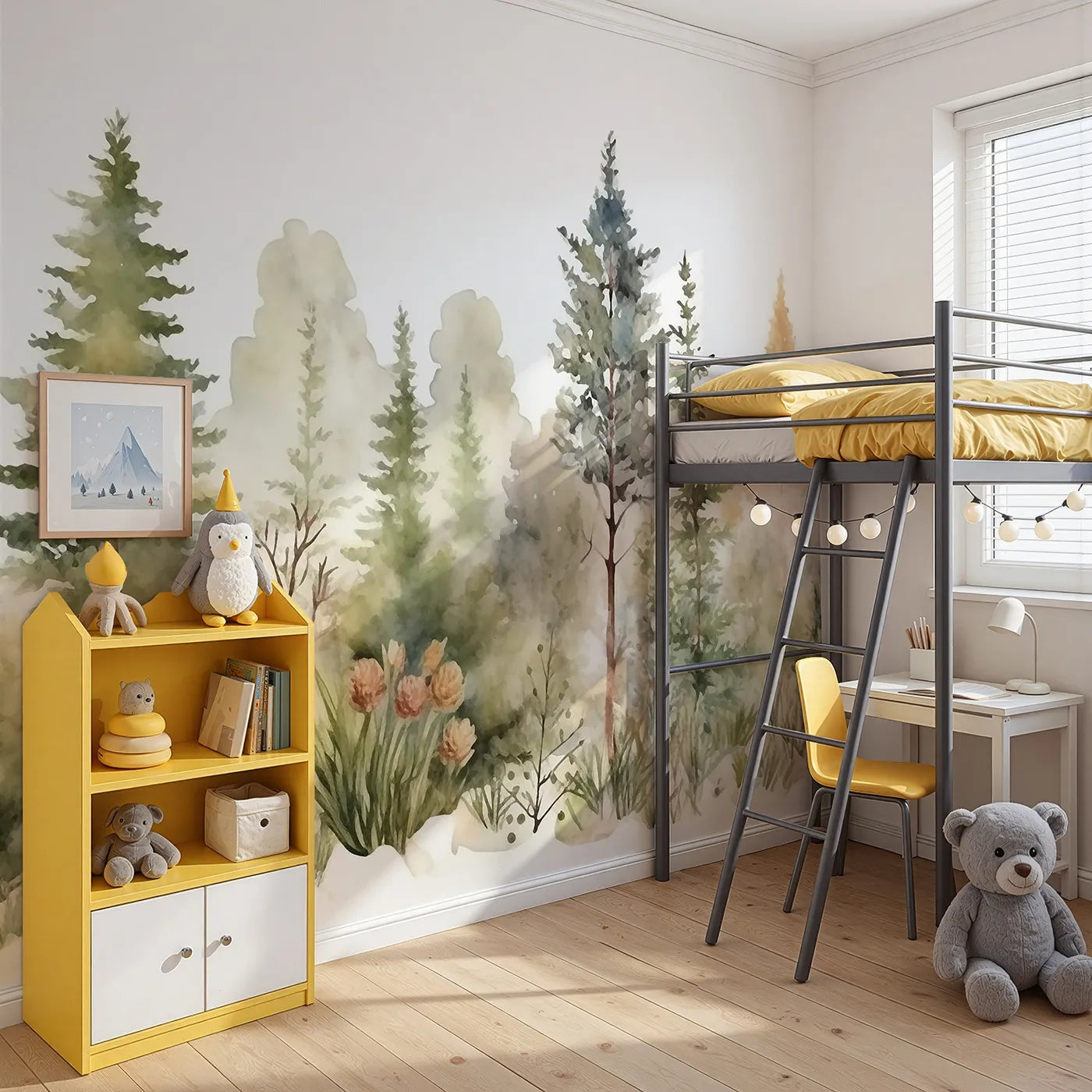 Angled view of Whimsy Tots' Misty Pine Forest Border Wall Mural (Turn Their Room into a Peaceful, Painted Woodland).Gender-Neutral