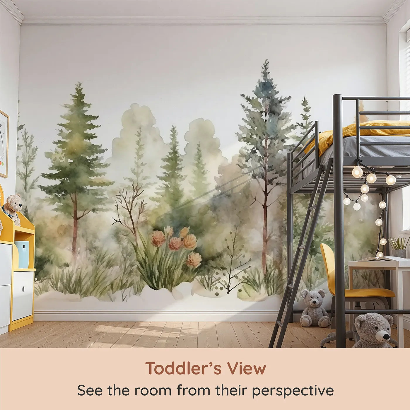 Whimsy Tots Misty Pine Forest Border Wall Mural (Turn Their Room into a Peaceful, Painted Woodland) from your child's view.Gender-Neutral
