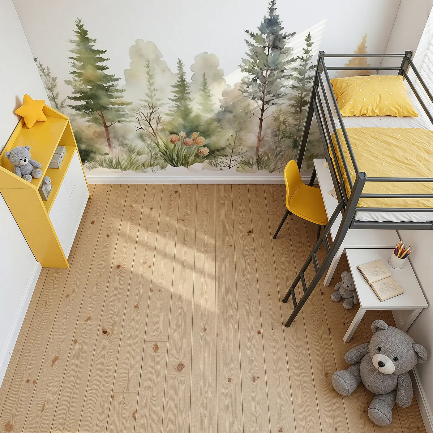 Top-down view of Whimsy Tots' Misty Pine Forest Border Wall Mural (Turn Their Room into a Peaceful, Painted Woodland).Gender-Neutral