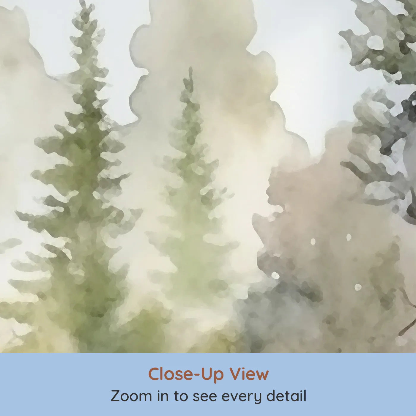 Close-up view of Whimsy Tots' Misty Pine Forest Border Wall Mural (Turn Their Room into a Peaceful, Painted Woodland).Gender-Neutral