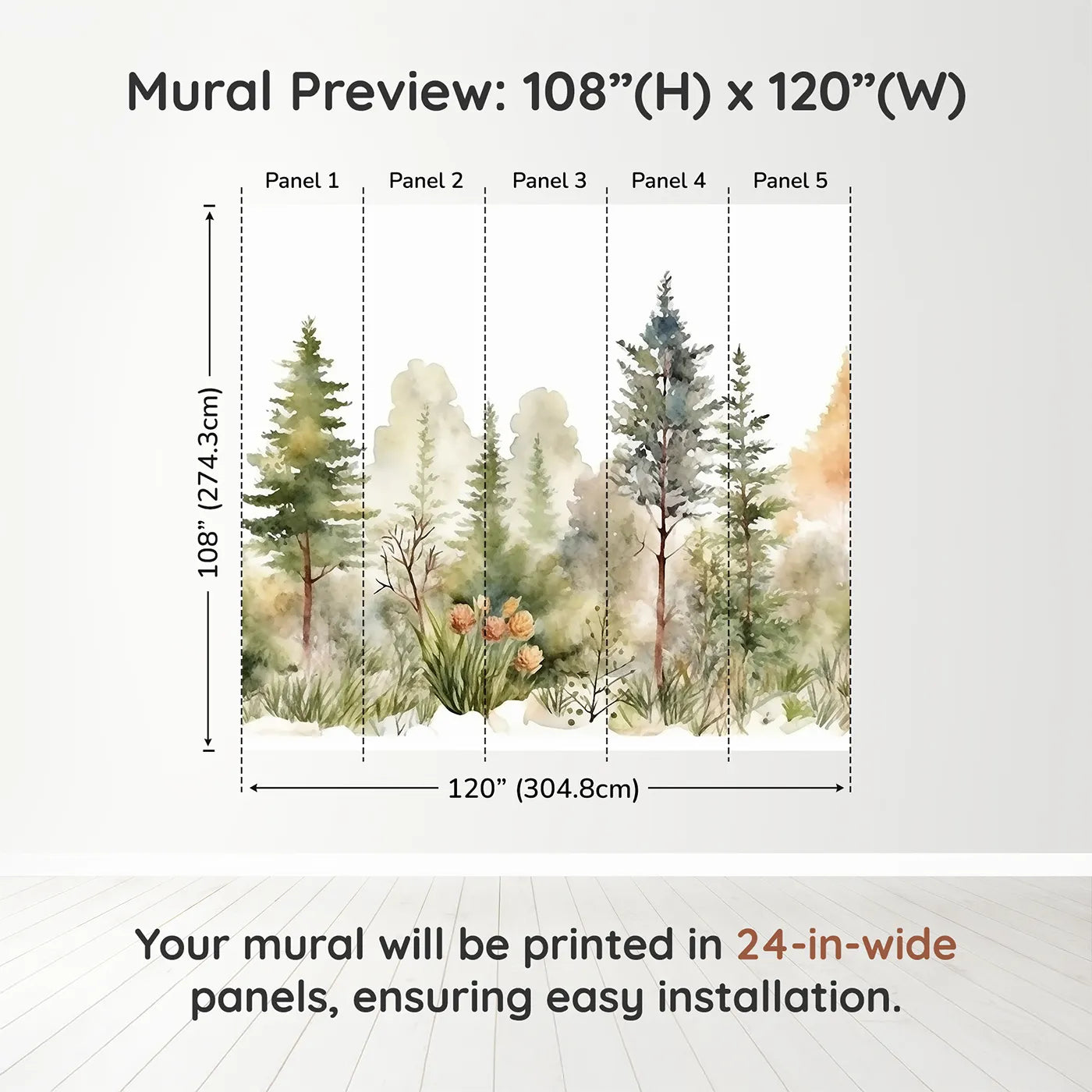 Whimsy Tots Misty Pine Forest Border Wall Muraldimension view (108" H x 120" W). Printed in five 24-inch-wide panels. Gender-Neutral