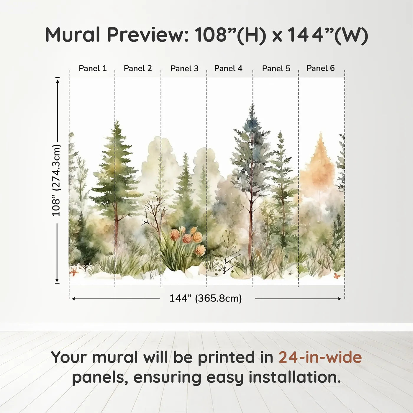 Whimsy Tots Misty Pine Forest Border Wall Muraldimension view (108" H x 144" W). Printed in six 24-inch-wide panels. Gender-Neutral