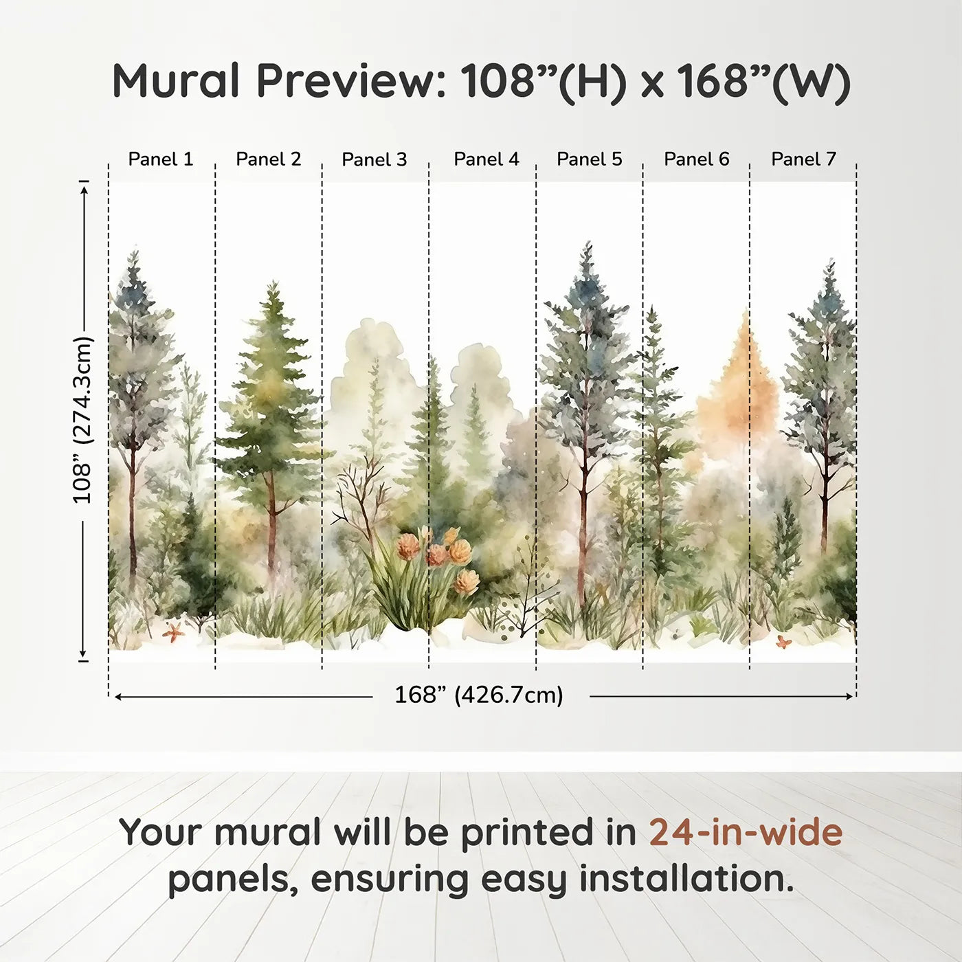 Whimsy Tots Misty Pine Forest Border Wall Muraldimension view (108" H x 168" W). Printed in seven 24-inch-wide panels. Gender-Neutral