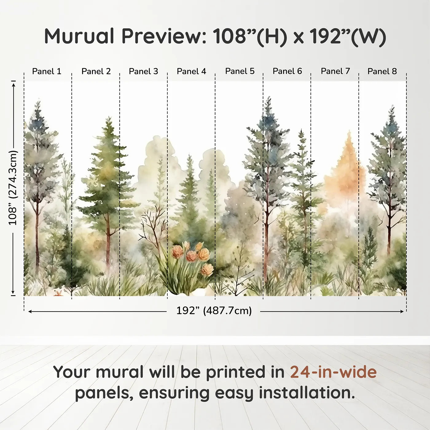 Whimsy Tots Misty Pine Forest Border Wall Muraldimension view (108" H x 192" W). Printed in eight 24-inch-wide panels. Gender-Neutral