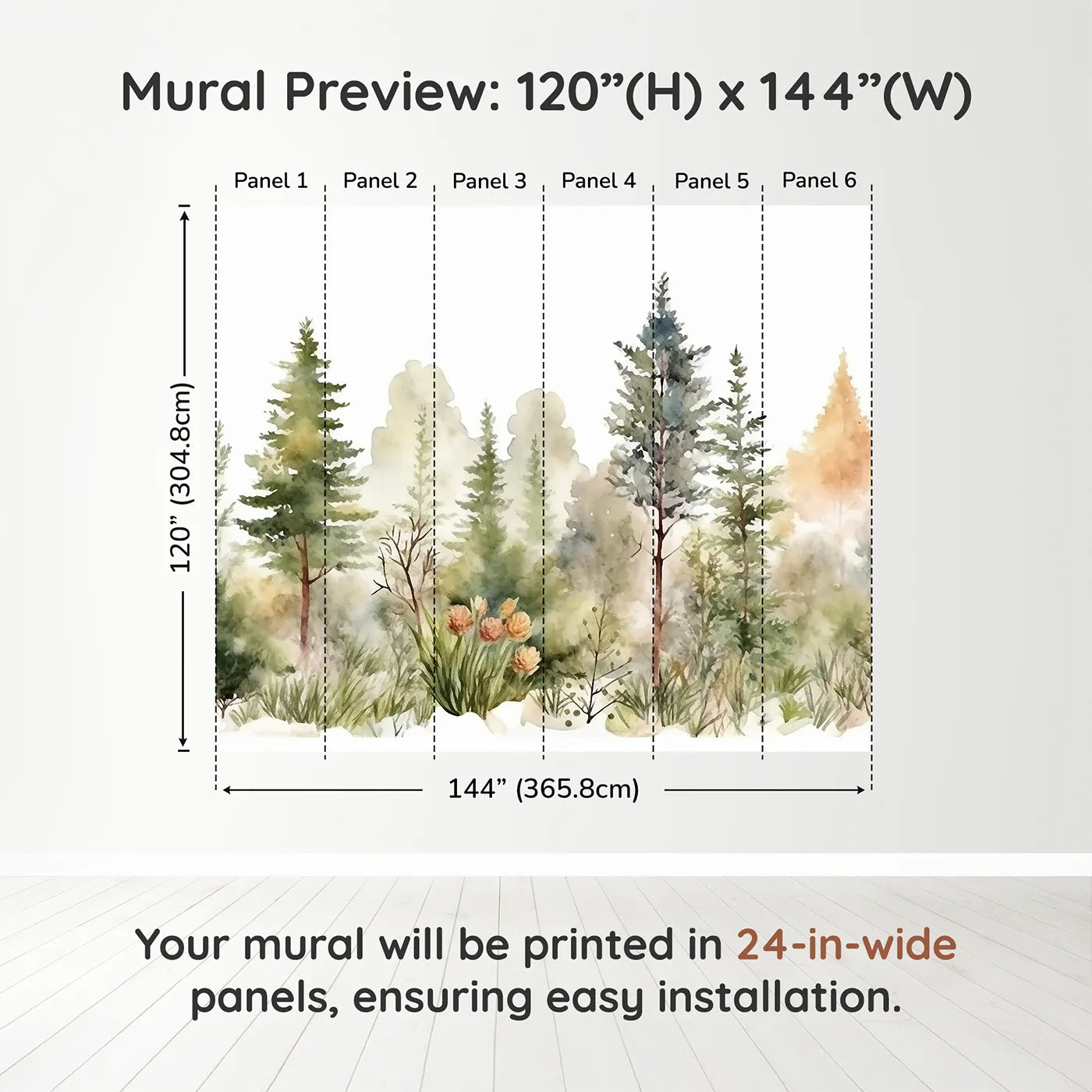 Whimsy Tots Misty Pine Forest Border Wall Muraldimension view (120" H x 144" W). Printed in six 24-inch-wide panels. Gender-Neutral