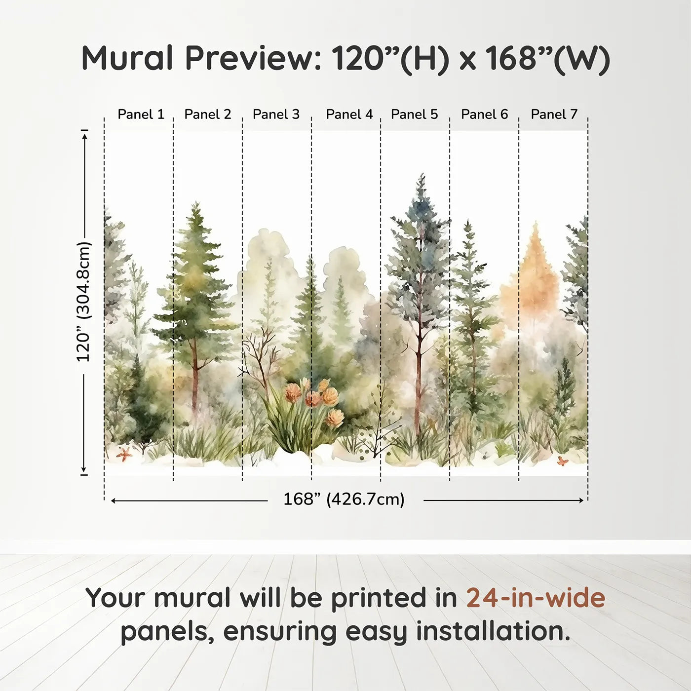 Whimsy Tots Misty Pine Forest Border Wall Muraldimension view (120" H x 168" W). Printed in seven 24-inch-wide panels. Gender-Neutral