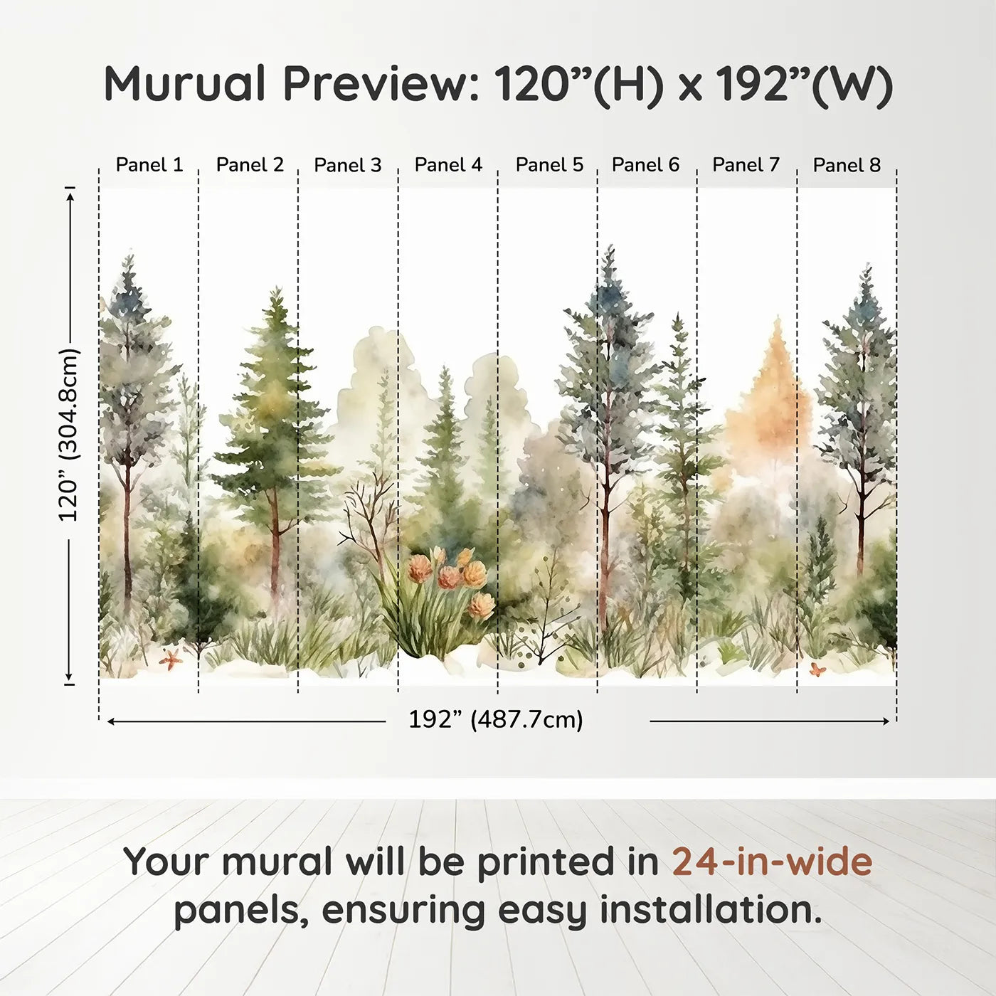 Whimsy Tots Misty Pine Forest Border Wall Muraldimension view (120" H x 192" W). Printed in eight 24-inch-wide panels. Gender-Neutral