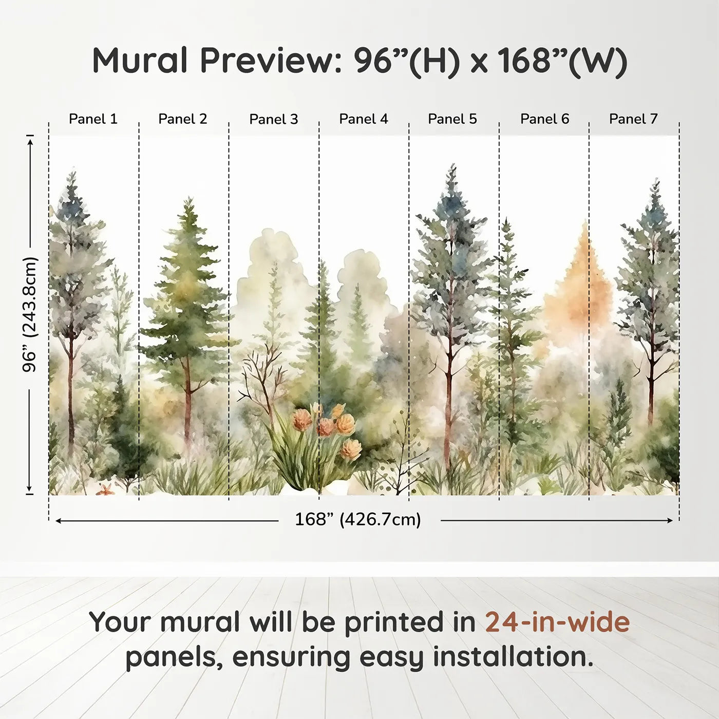 Whimsy Tots Misty Pine Forest Border Wall Muraldimension view (96" H x 168" W). Printed in seven 24-inch-wide panels. Gender-Neutral