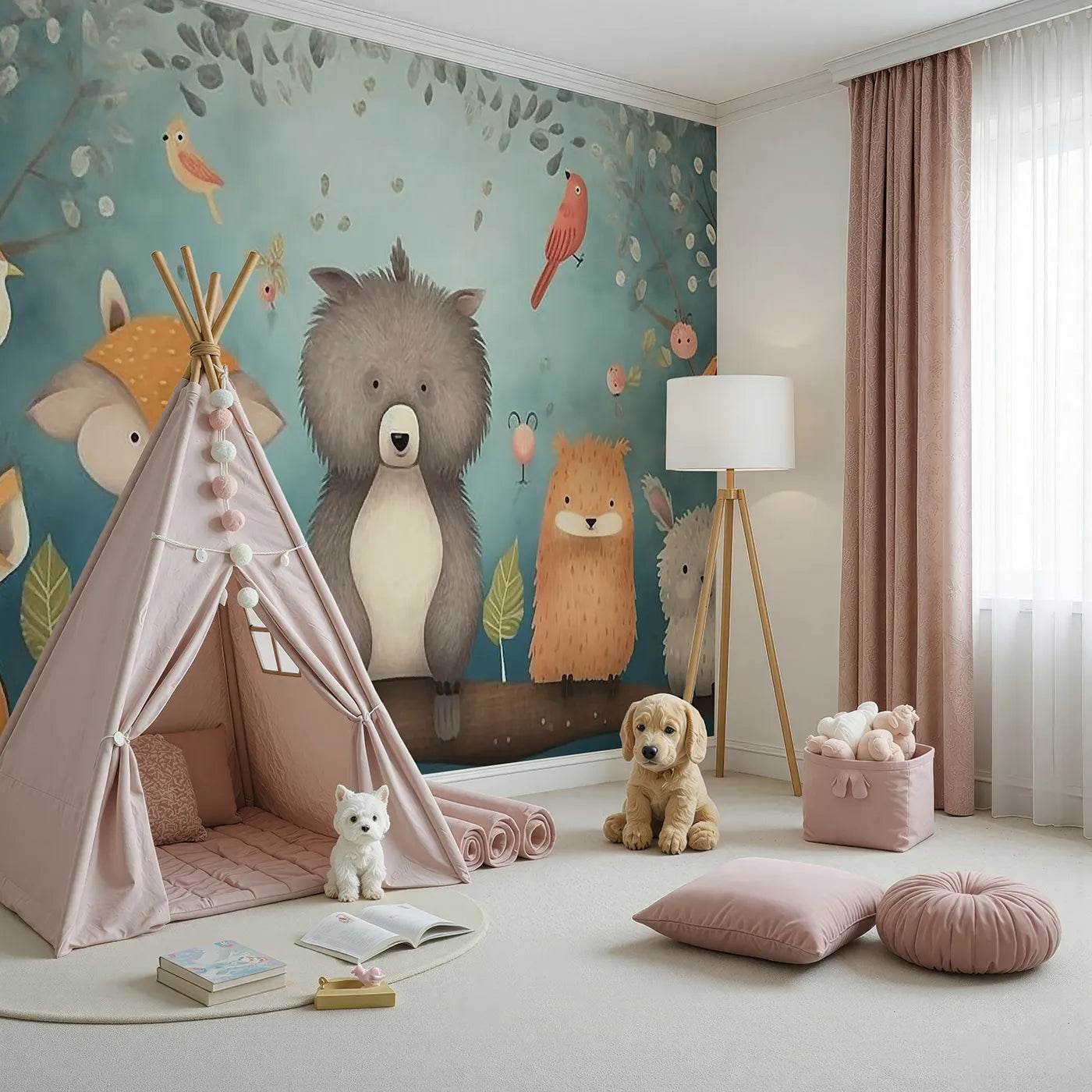 Angled view of Whimsy Tots' Woodland Friends on a Branch Wall Mural (Turn Their Room into the Sweetest Treetop Gathering).Gender-Neutral