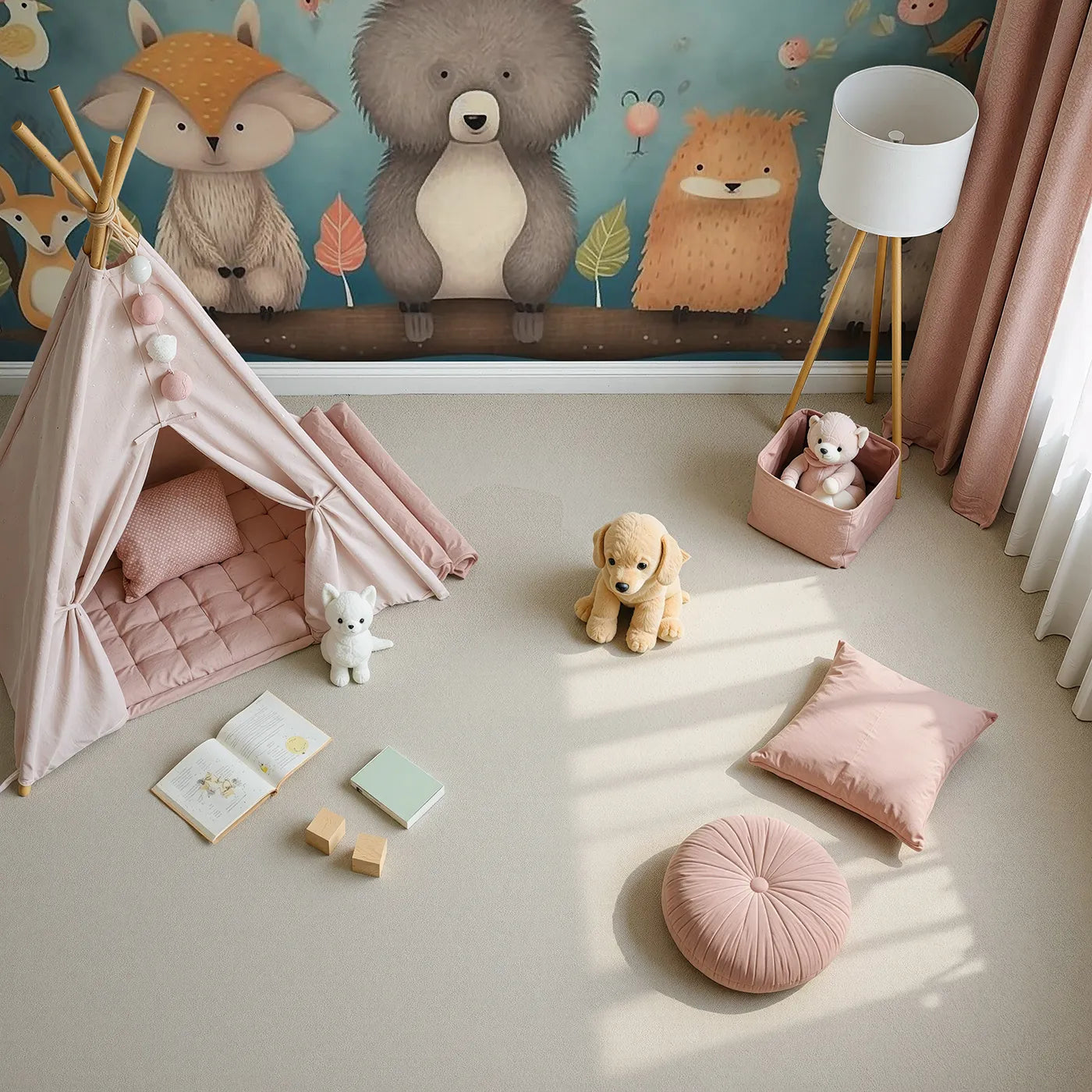 Top-down view of Whimsy Tots' Woodland Friends on a Branch Wall Mural (Turn Their Room into the Sweetest Treetop Gathering).Gender-Neutral