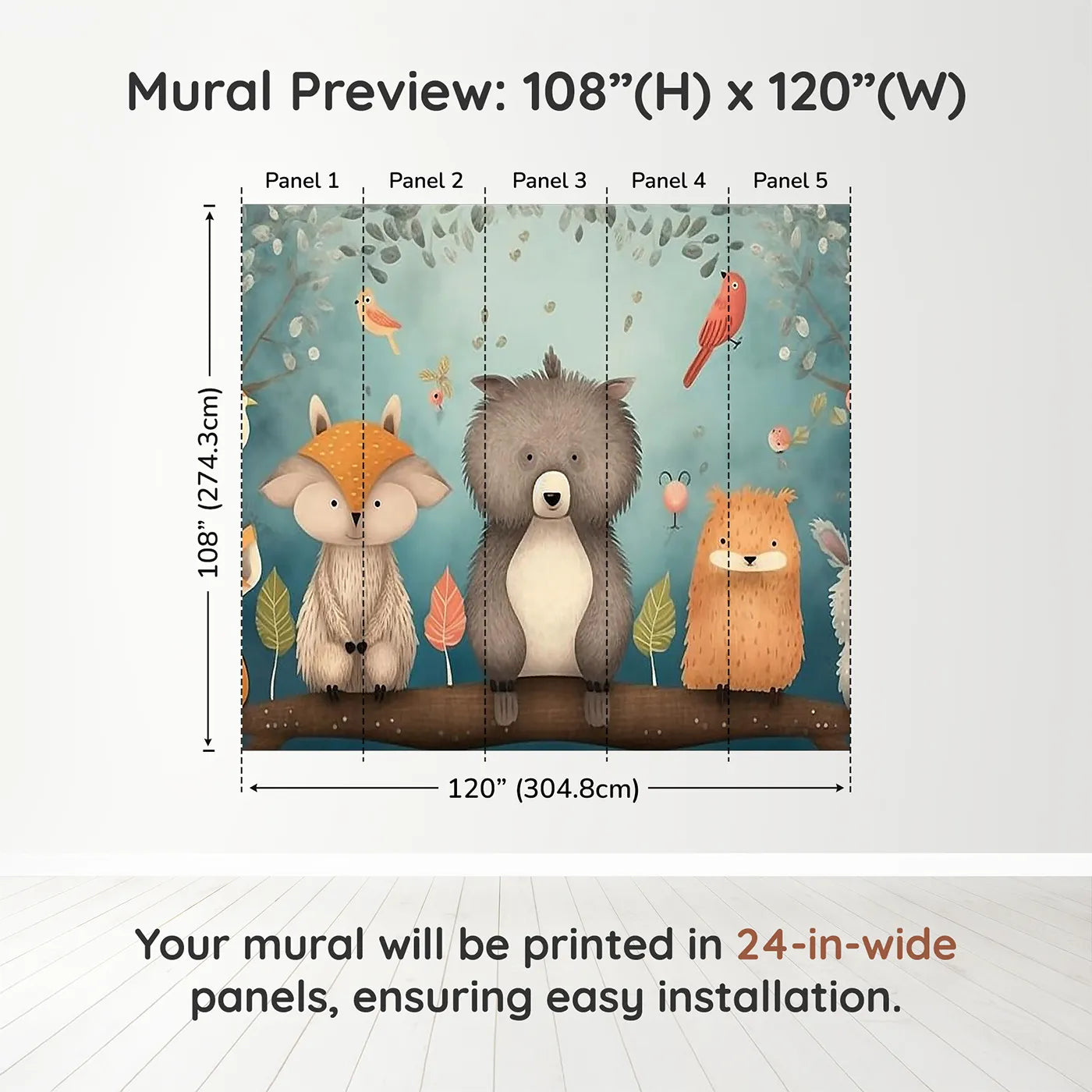 Whimsy Tots Woodland Friends on a Branch Wall Muraldimension view (108" H x 120" W). Printed in five 24-inch-wide panels. Gender-Neutral