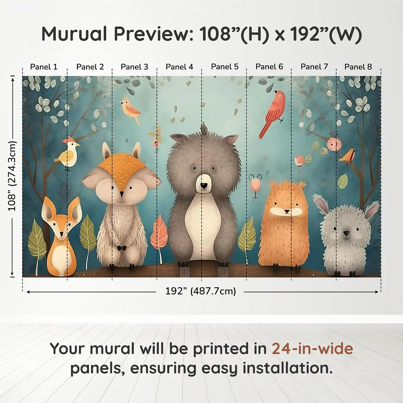 Whimsy Tots Woodland Friends on a Branch Wall Muraldimension view (108" H x 192" W). Printed in eight 24-inch-wide panels. Gender-Neutral