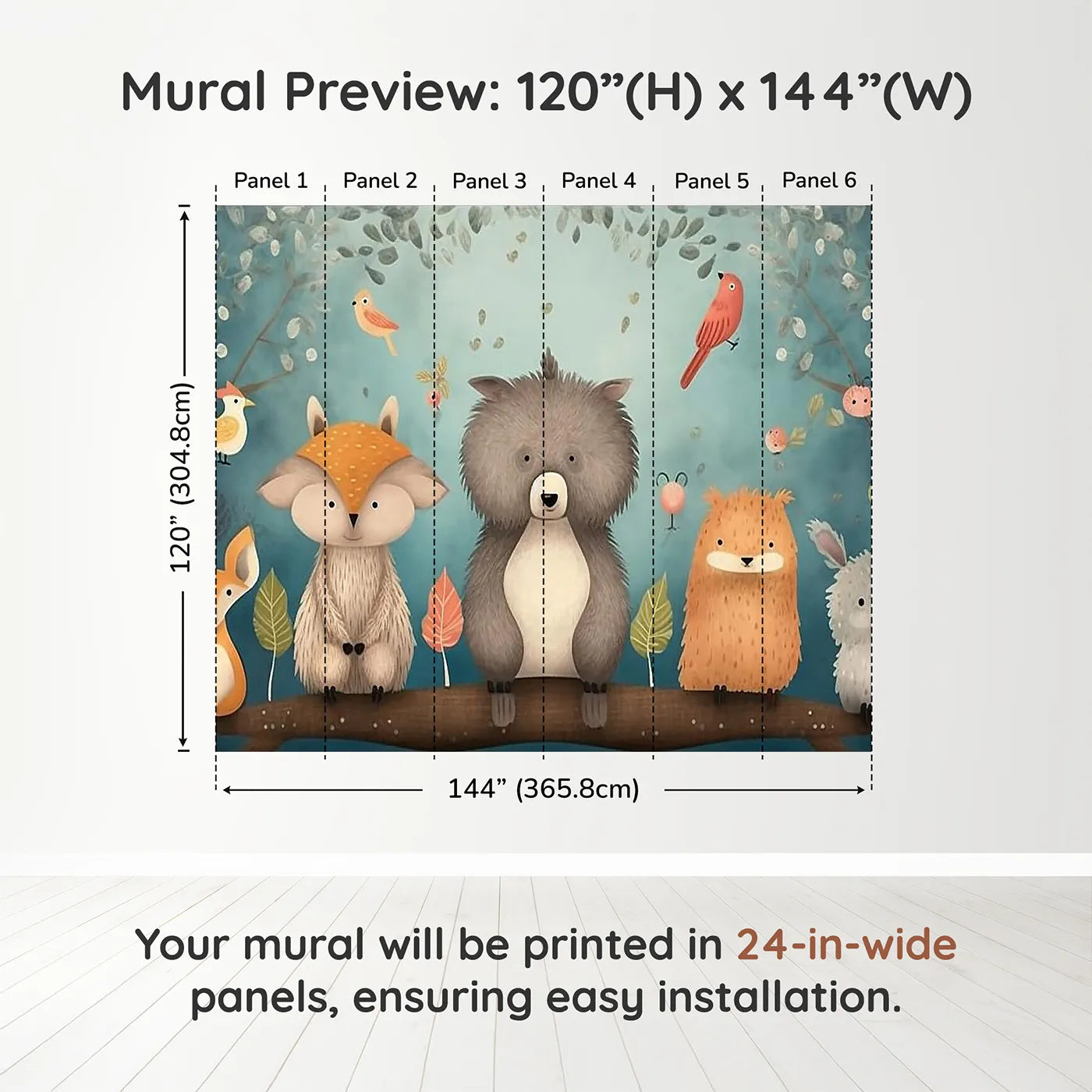 Whimsy Tots Woodland Friends on a Branch Wall Muraldimension view (120" H x 144" W). Printed in six 24-inch-wide panels. Gender-Neutral