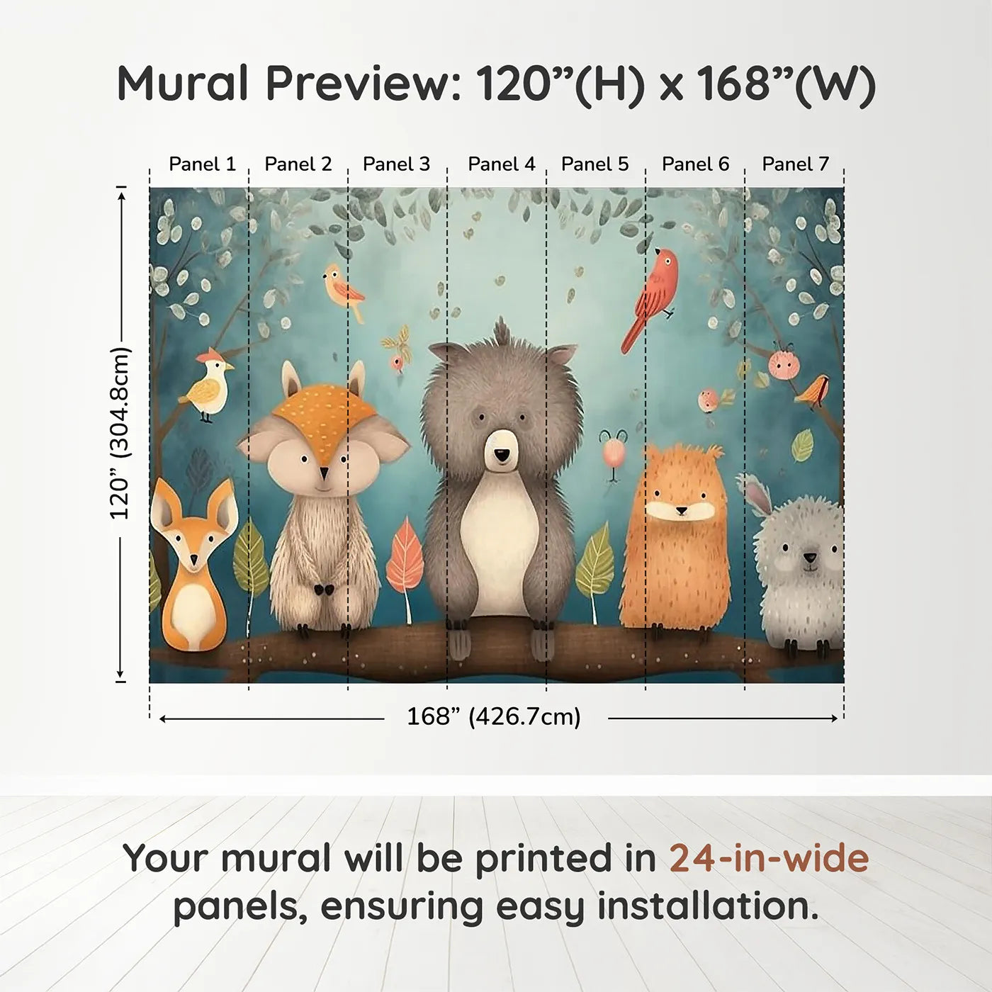 Whimsy Tots Woodland Friends on a Branch Wall Muraldimension view (120" H x 168" W). Printed in seven 24-inch-wide panels. Gender-Neutral