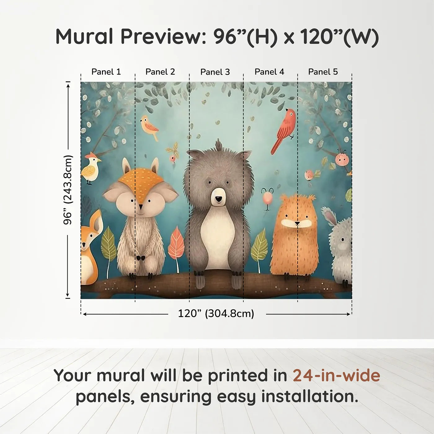 Whimsy Tots Woodland Friends on a Branch Wall Muraldimension view (96" H x 120" W). Printed in five 24-inch-wide panels. Gender-Neutral