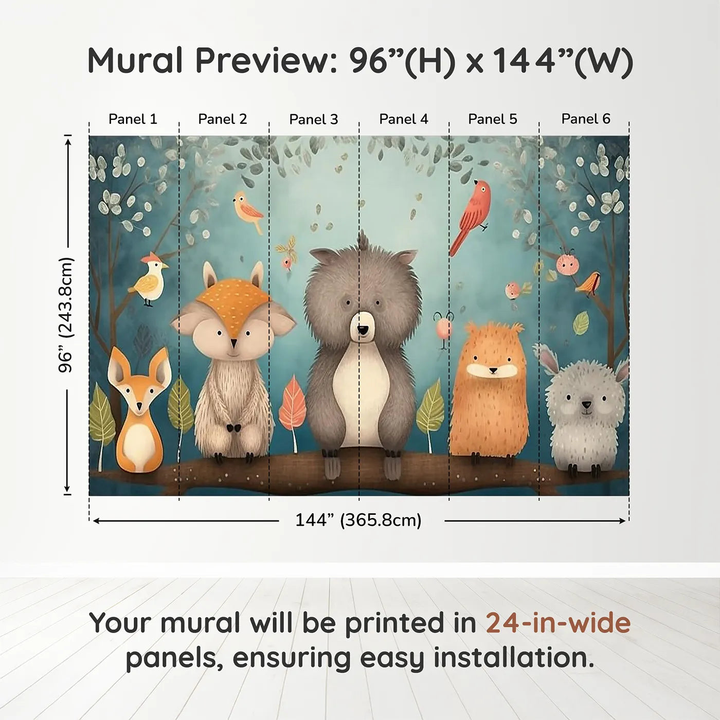 Whimsy Tots Woodland Friends on a Branch Wall Muraldimension view (96" H x 144" W). Printed in six 24-inch-wide panels. Gender-Neutral