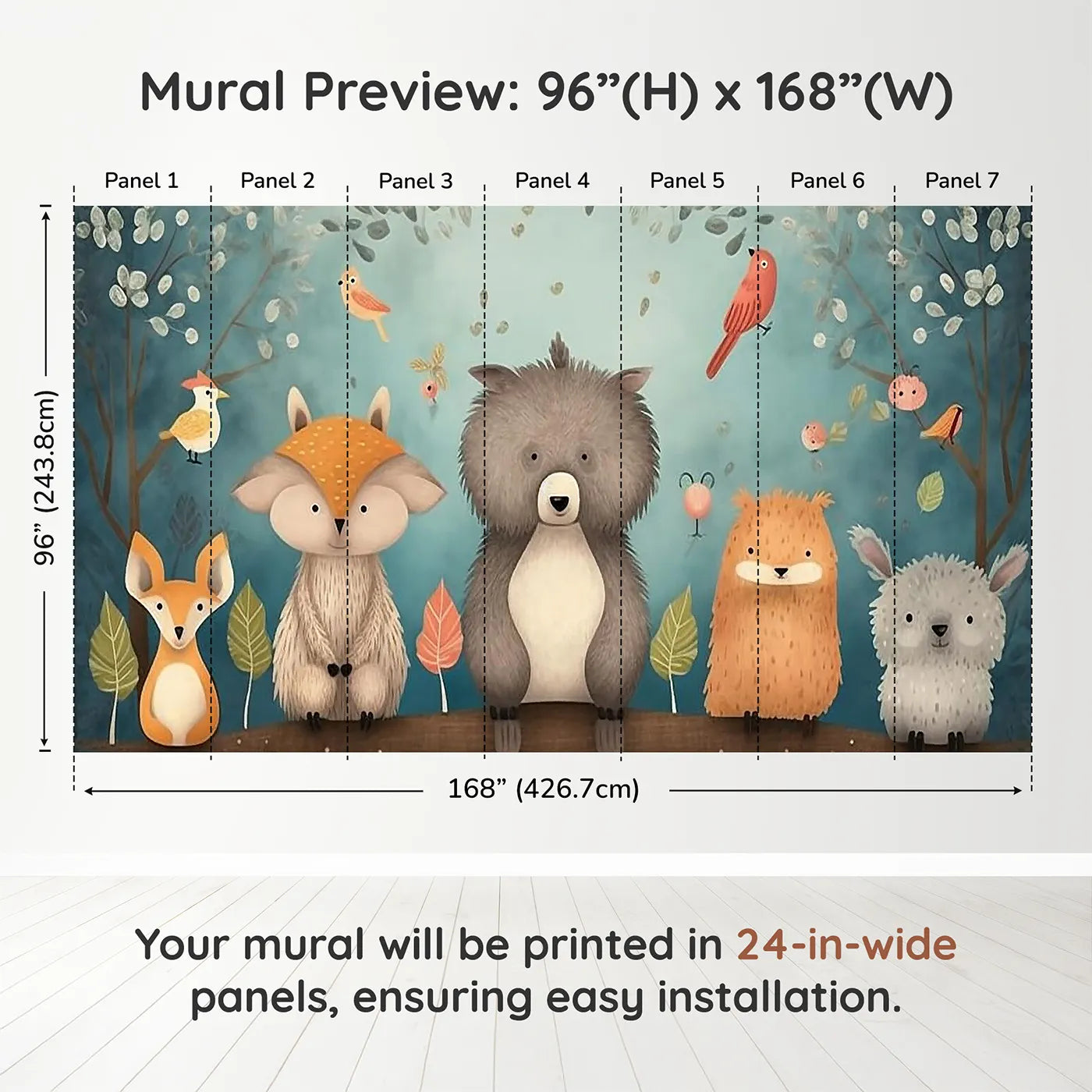 Whimsy Tots Woodland Friends on a Branch Wall Muraldimension view (96" H x 168" W). Printed in seven 24-inch-wide panels. Gender-Neutral