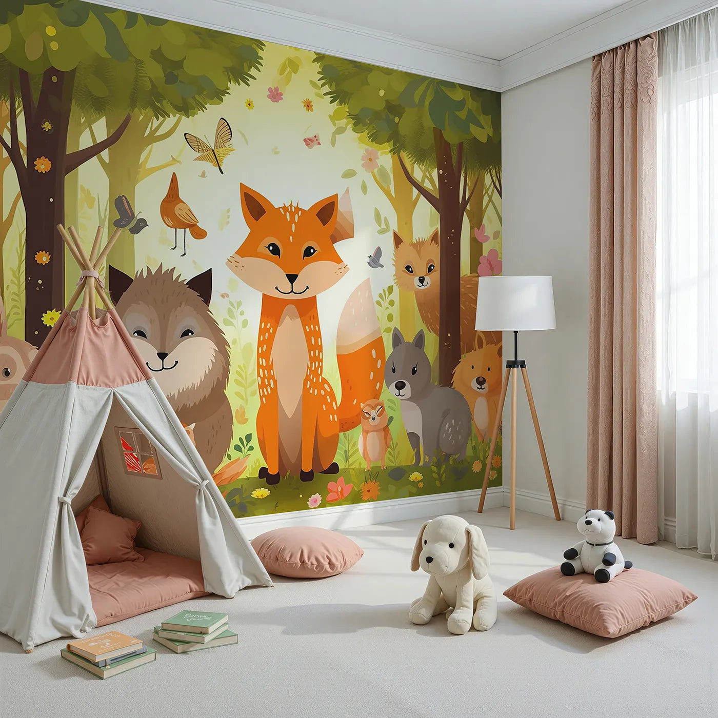Angled view of Whimsy Tots' Happy Woodland Gathering Wall Mural (Turn Their Room into a Joyful Forest Friendship Circle).Gender-Neutral