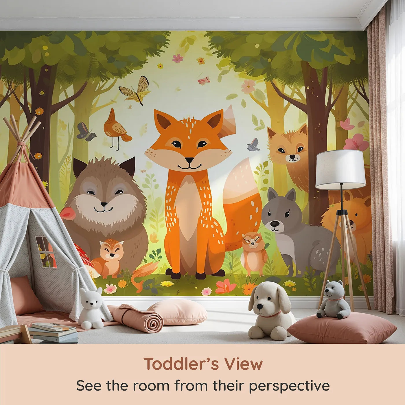 Whimsy Tots Happy Woodland Gathering Wall Mural (Turn Their Room into a Joyful Forest Friendship Circle) from your child's view.Gender-Neutral
