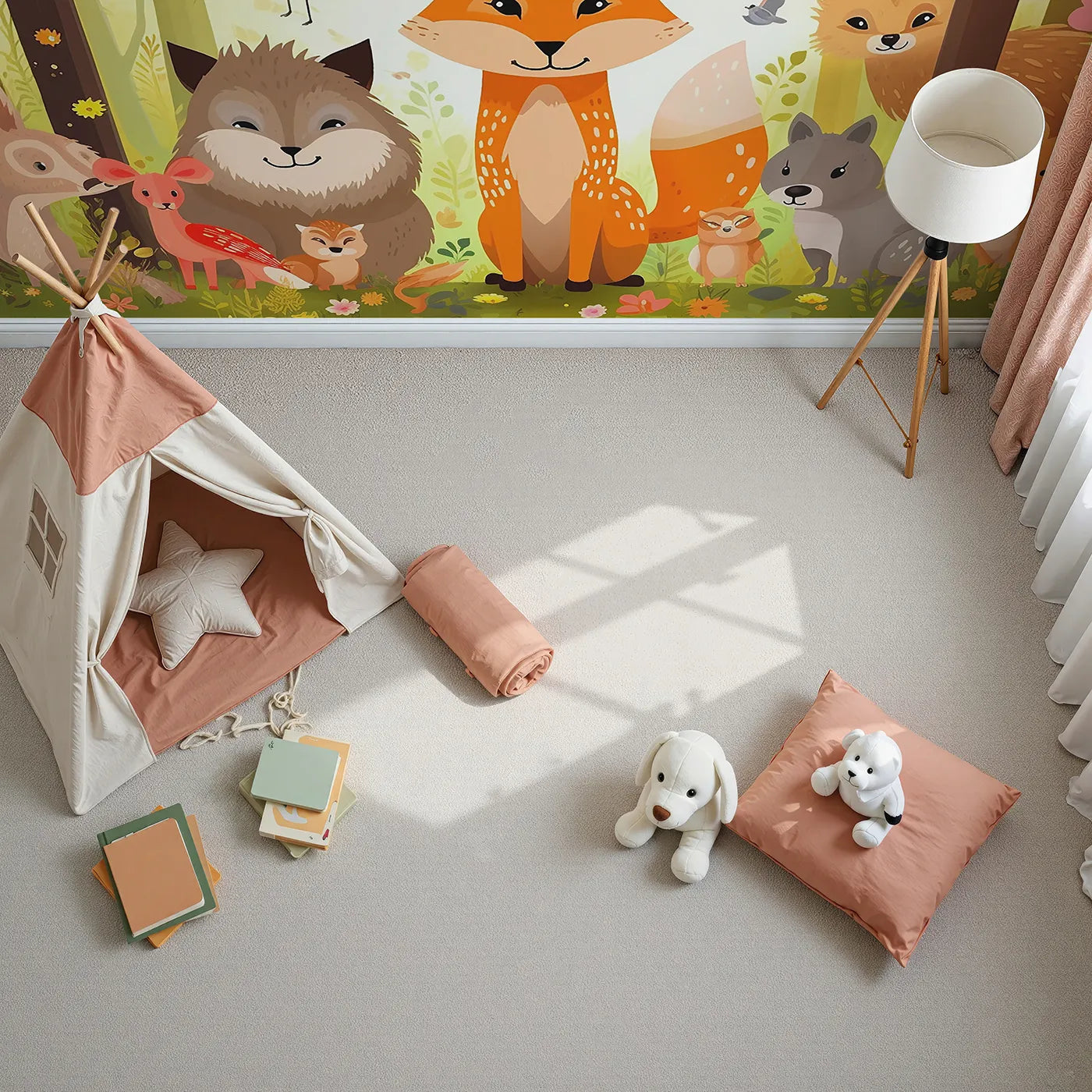 Top-down view of Whimsy Tots' Happy Woodland Gathering Wall Mural (Turn Their Room into a Joyful Forest Friendship Circle).Gender-Neutral