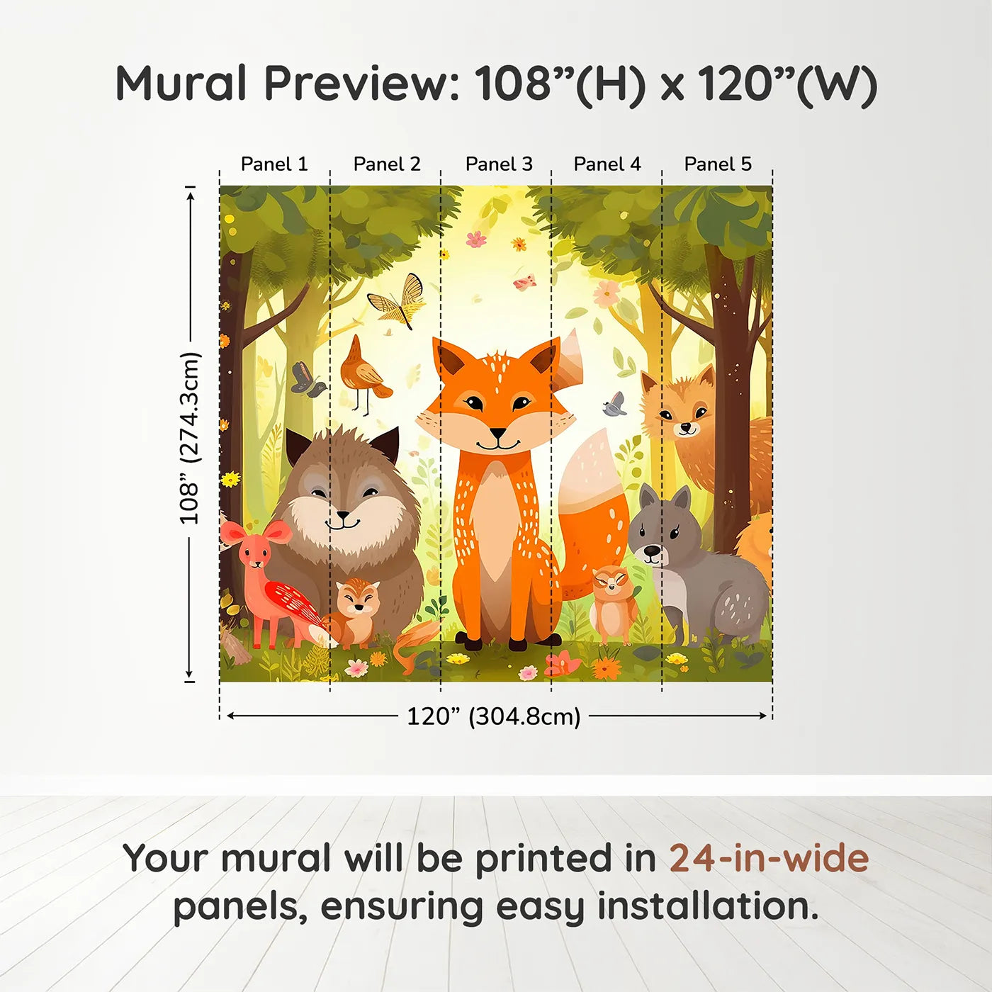 Whimsy Tots Happy Woodland Gathering Wall Muraldimension view (108" H x 120" W). Printed in five 24-inch-wide panels. Gender-Neutral